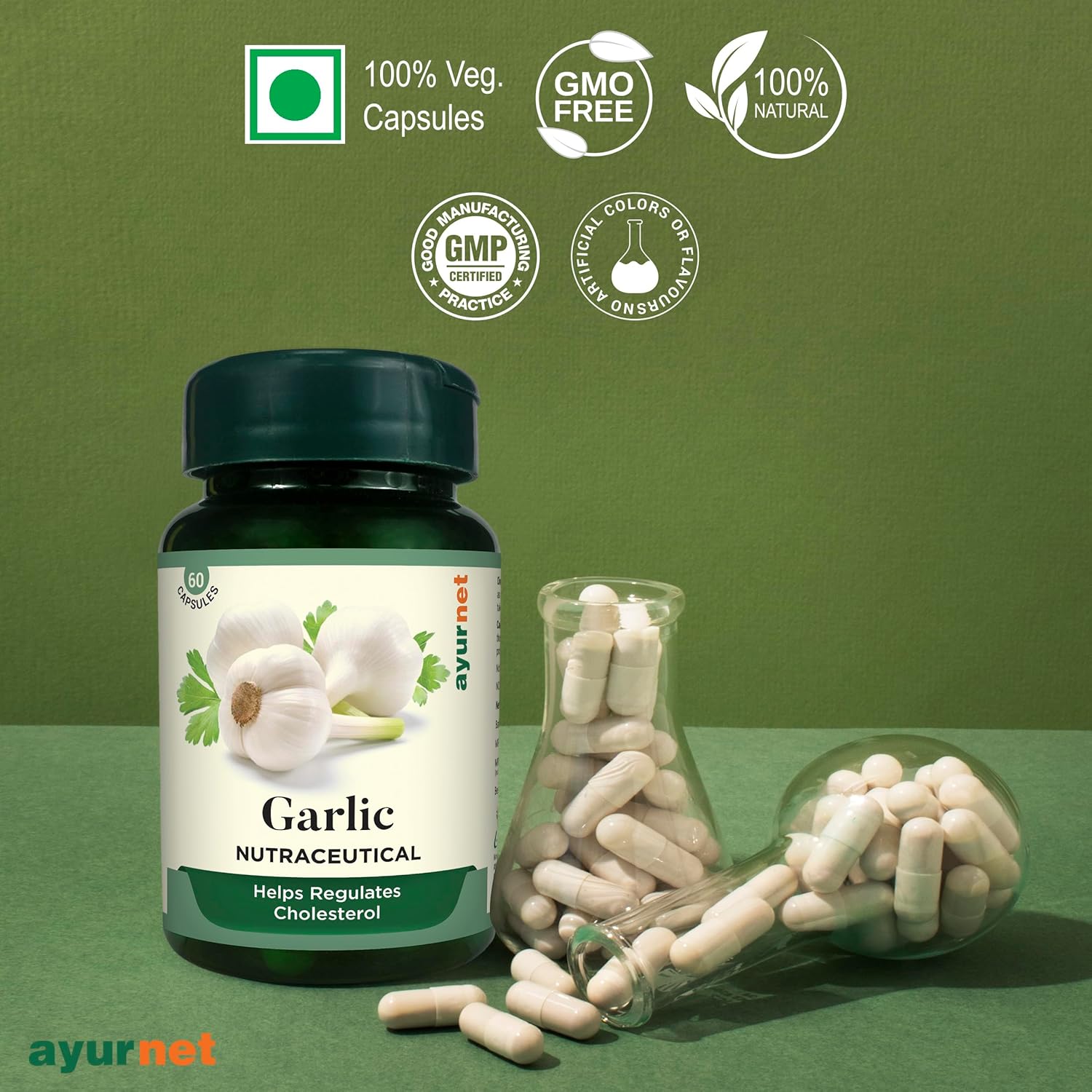 Ayurnet Garlic Capsules Helps To Regulates Cholesterol & Keep Away From Hyper Tension, 100% Organic & Vegetarian | 60 Capsules 100gm 0.2lbs