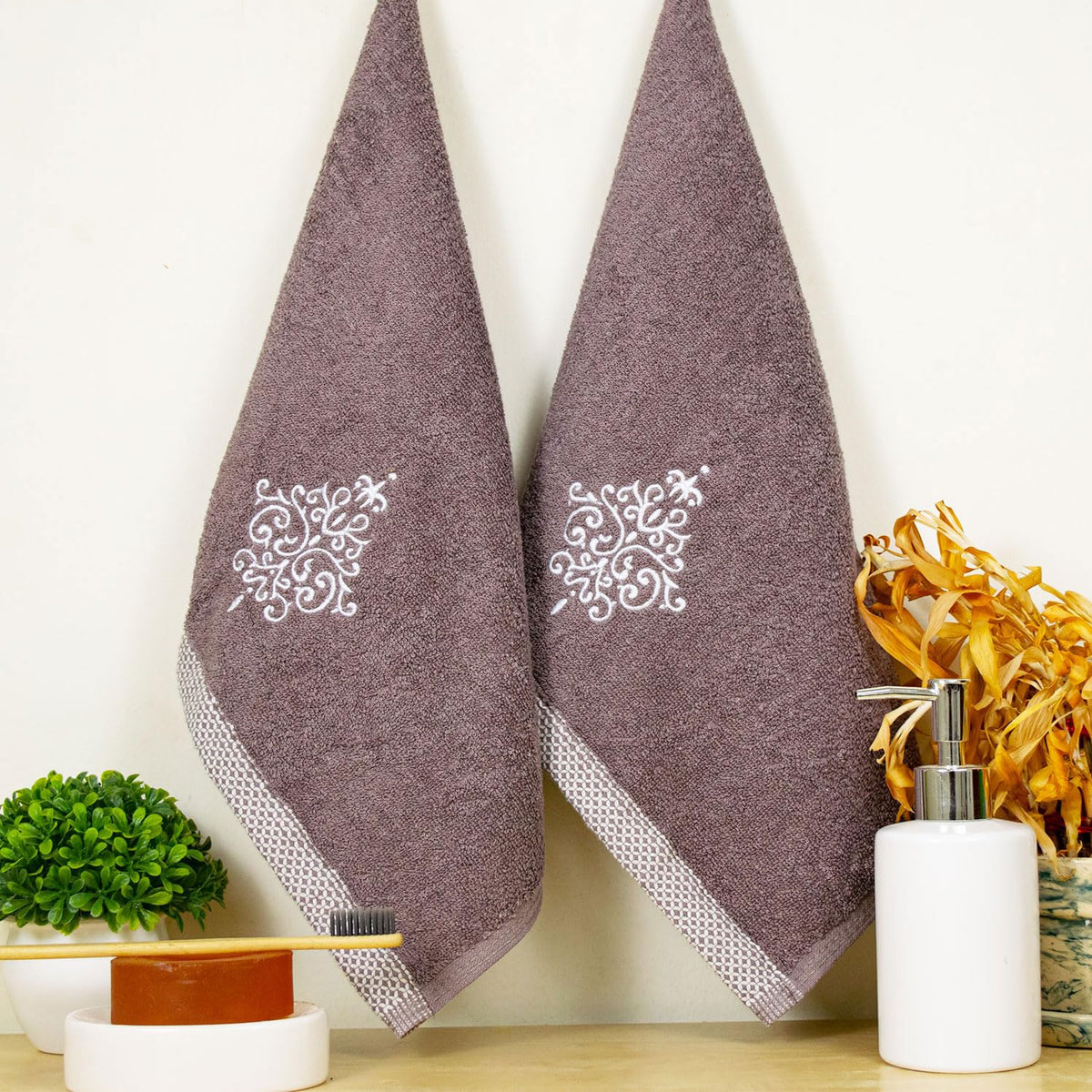 Rangoli 100% Bamboo Hand Towels 500 Gsm | Ultra Soft, Quick-Absorbent & Eco-Friendly Towels For Hand & Bathroom - Ash Brown (Set Of 2)