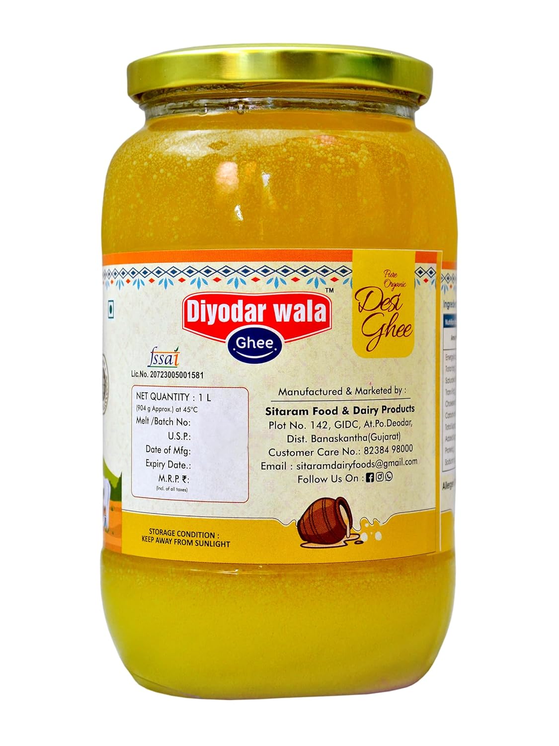 Premium Shudh Desi Cow Ghee By Diyodar Wala | Rich In Nutrients & Delicious Healthy Desi Cow Ghee Good For Dishes | (1 Litre) 33.8 Ounce | Jar Pack