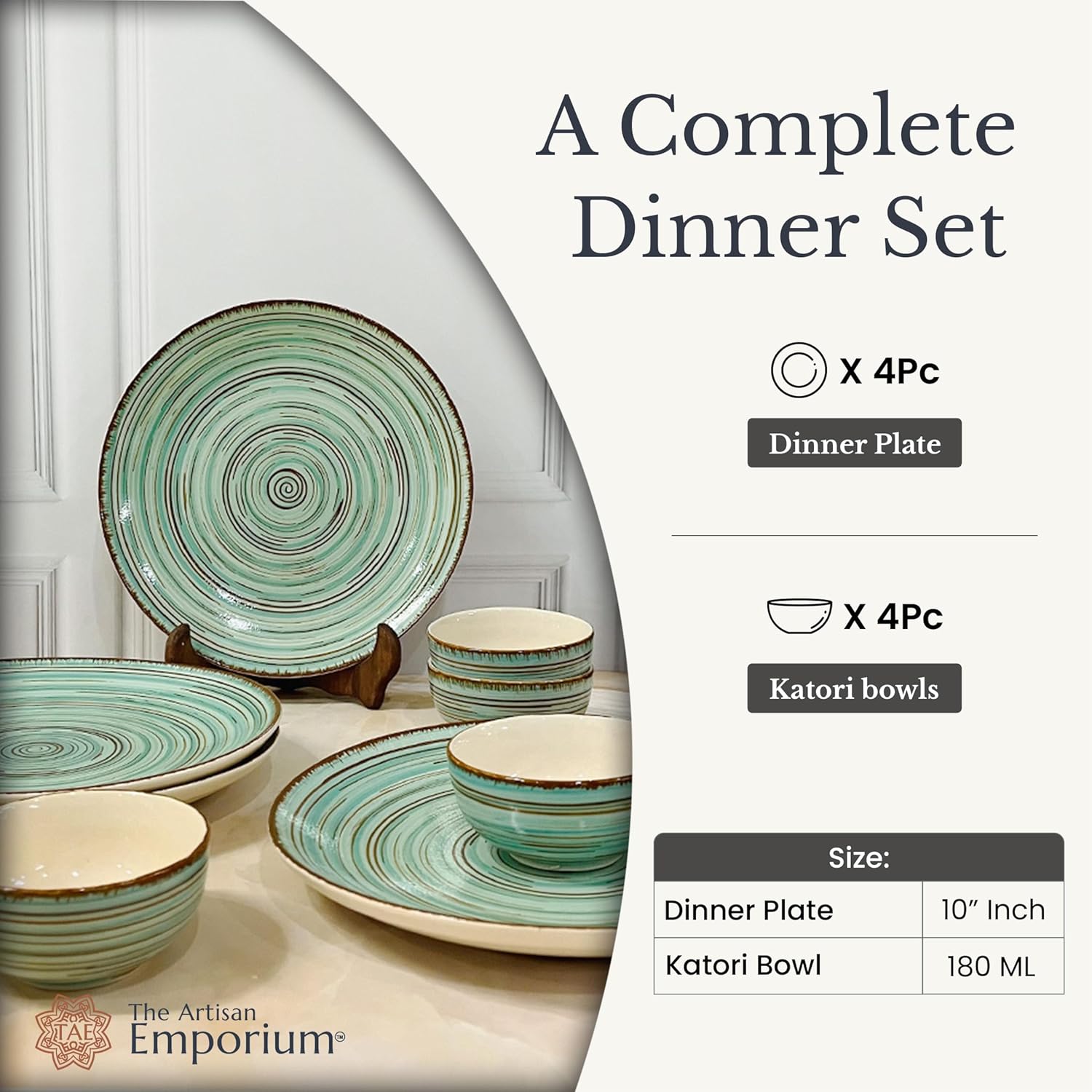 Iris Turquoise Handcrafted Ceramic Dinner Set - 8 Pieces | 4 Dinner Plates + 4 Katori Bowls, 180ml Each Dinnerware Set | Serving For 4, Microwave Safe & Dishwasher Safe
