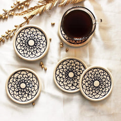 Mermaid Tales Hand Painted Ceramic Coasters For Coffee, Table - Set Of 6, 10cm | Off White Ceramic Coasters