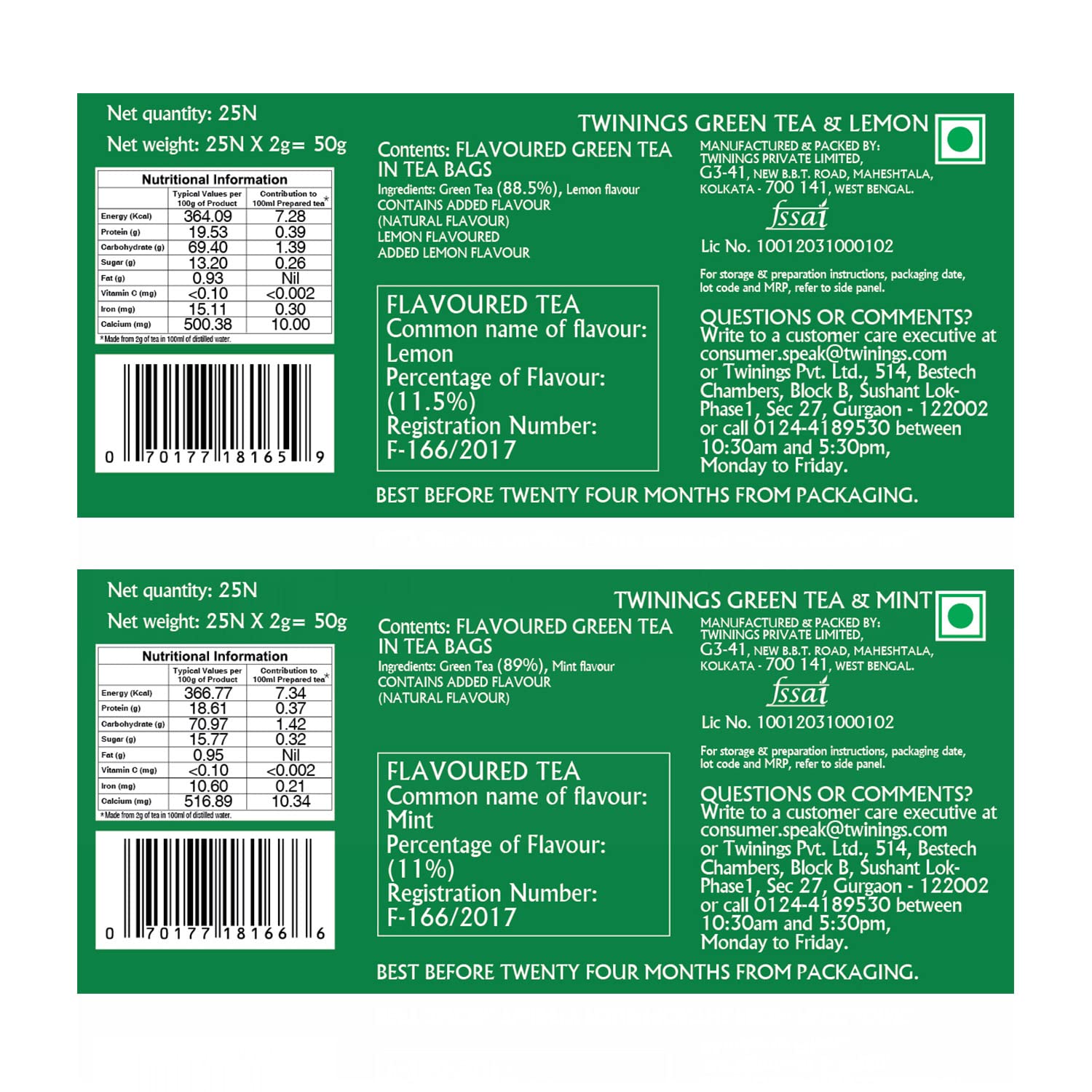 Twinings Green Tea Super Saver Combo Pack Of 2 - Green Tea & Mint + Green Tea & Lemon, 50 Enveloped Tea Bags | High Caffeine