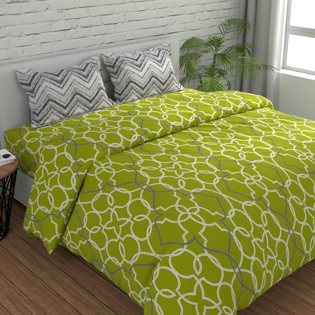King Size For Bedsheet With 2 Pillow Covers - 108 X 108 Inches, Green & Grey | Cotton Fabric Suitable For Bedsheet | 144 Thread Count