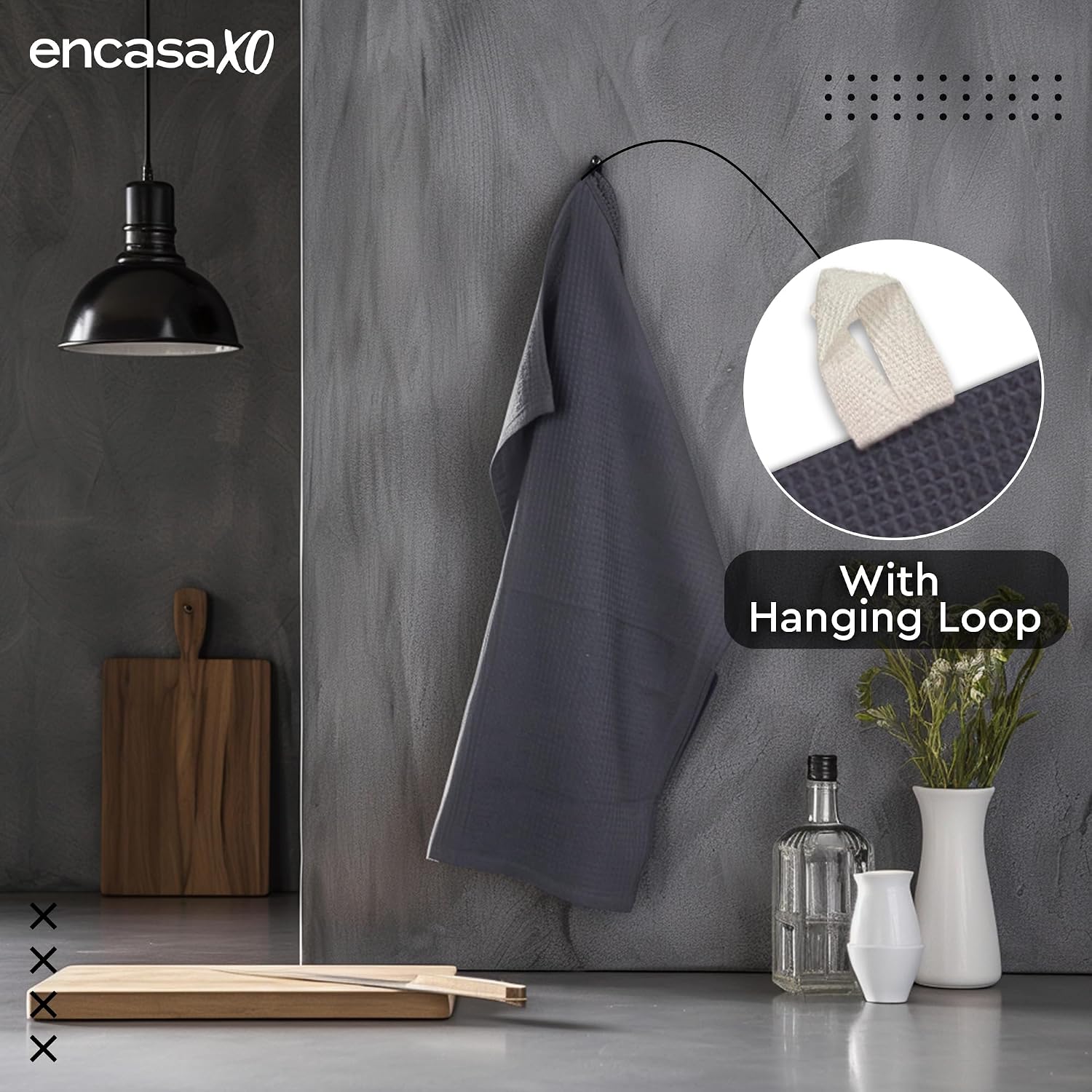 Encasa Xo Kitchen Dish Towels Set 320 Gsm | Waffle Weave & Flat Hand Tea Towel | Quick Drying Reusable Cotton Washcloths | Set Of 4 (Grey)