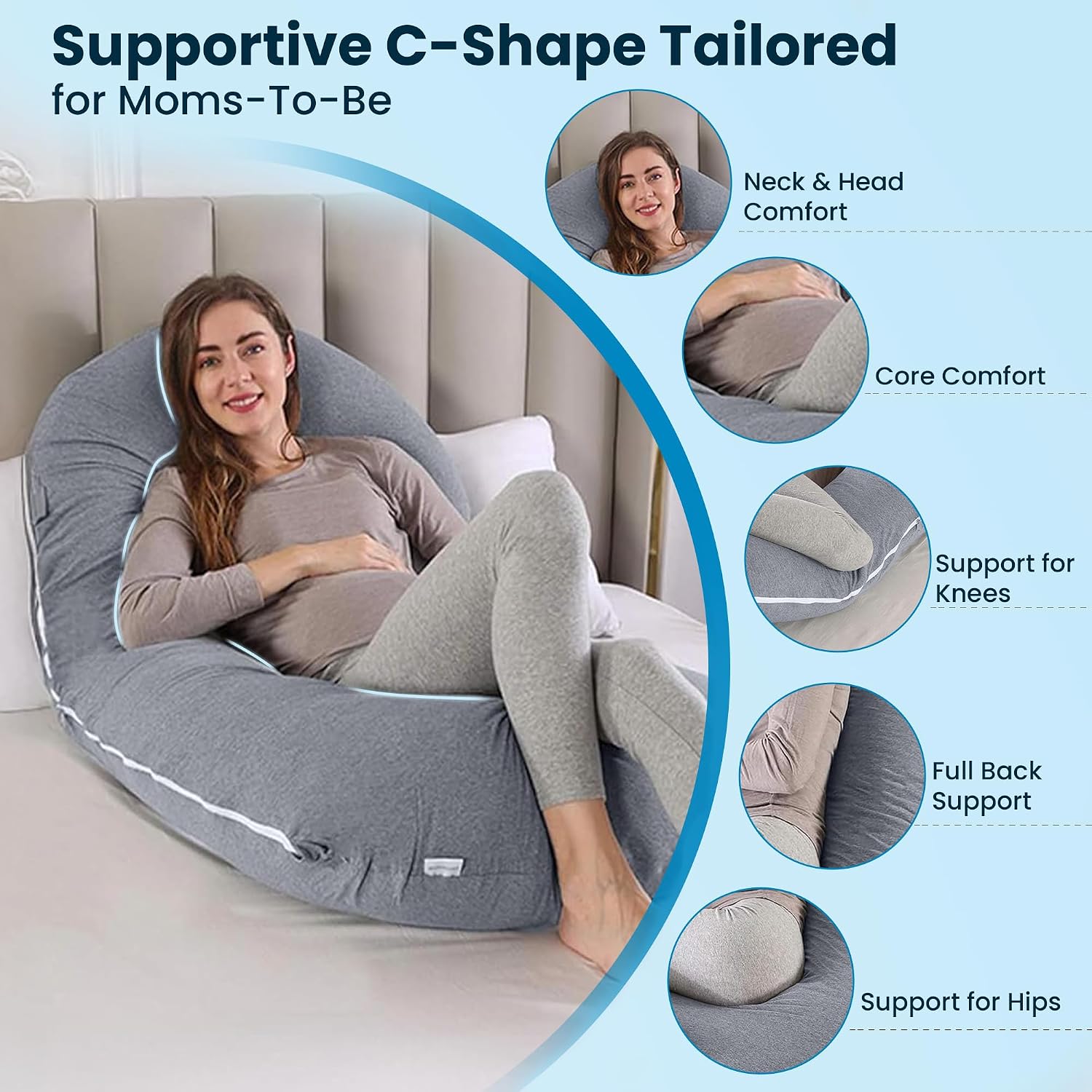 C Shape Full Body Pillow, Pregnancy Pillows For Sleeping, Dark Grey Color | Maternity Pillows For Back, Hips, Legs, Belly | For Pregnant Women With Removable, Washable Grey Velvet Cover