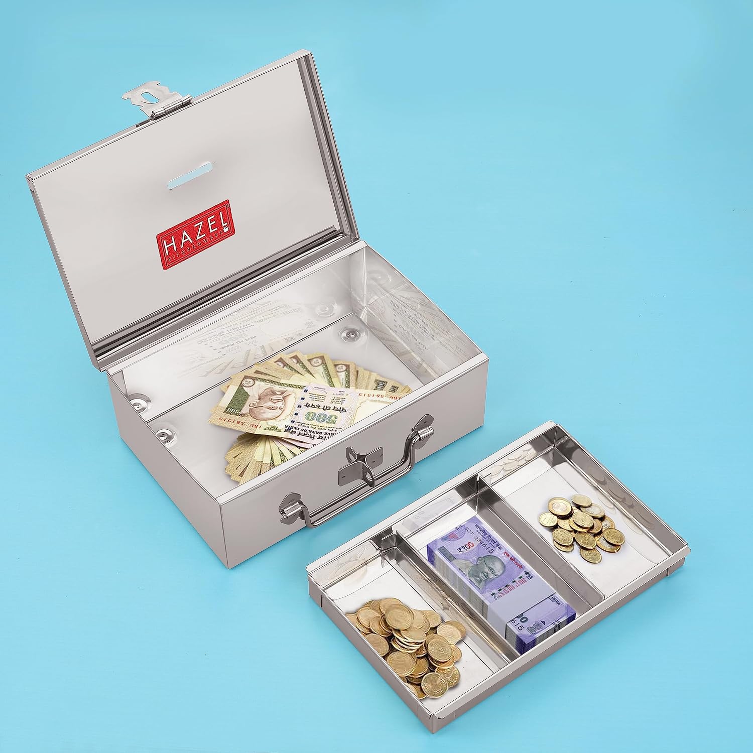 Stainless Steel Cash Box For Shop Counter Drawer, Locking Metal Box For Cash With 4 Compartments For Adults, Small, Colour - Silver, Special Feature - Durable