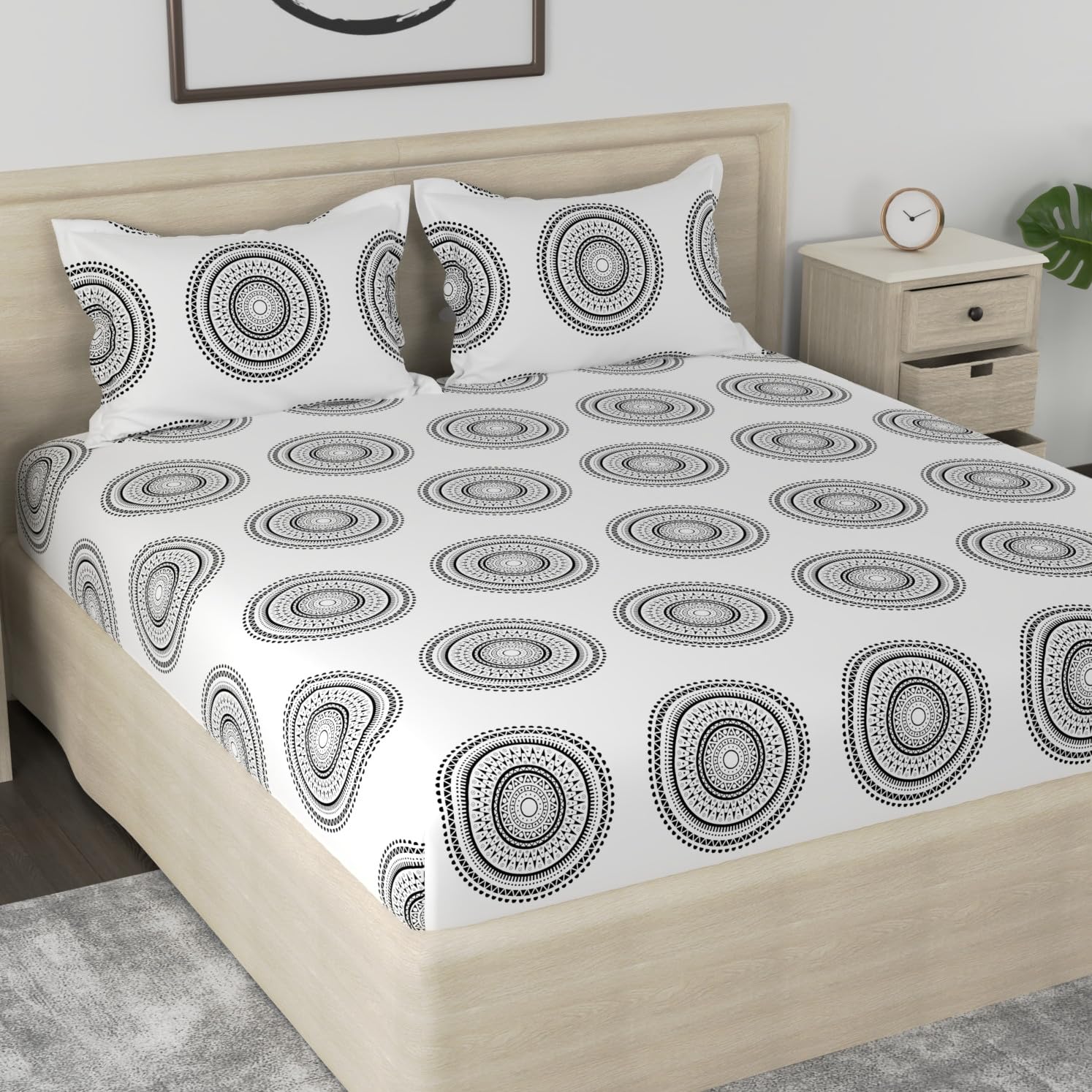 Flat 1 King Size Bedsheet With 2 Pillow Covers - Size 108 X 108 Inches, White & Black | Luxury Soft Sheet, Lightweight & Breathable Bedsheet