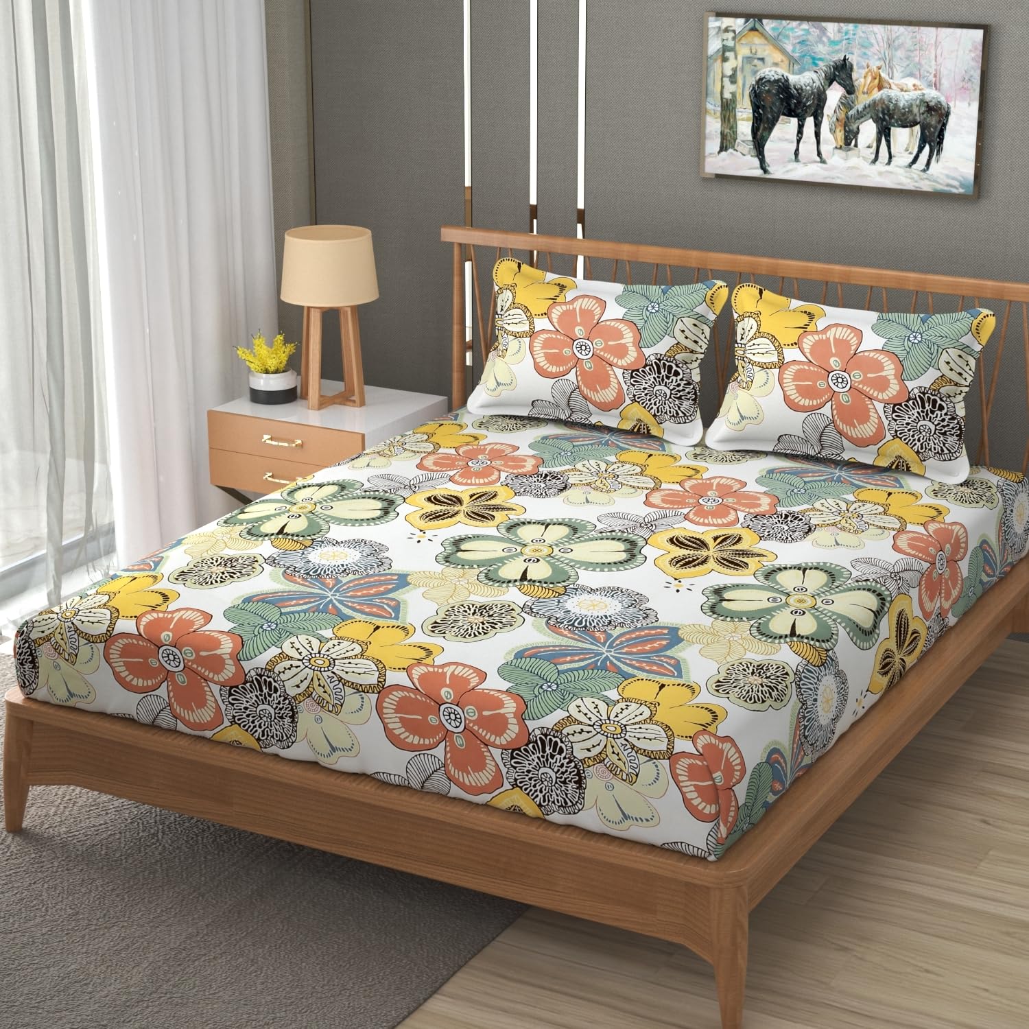 Premium Heavy Cotton Elastic Fitted King Size Bedsheet With 2 Pillow Covers - 72 X 78 X 10 Inches, Multicolor | All Weather Comfort & Bedroom