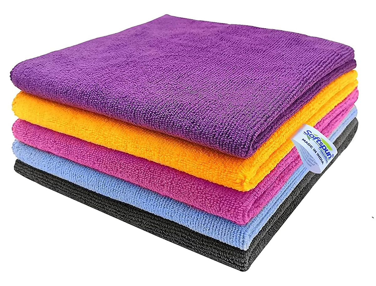 Softspun Microfiber Cleaning Cloths Towel 300 Gsm | Thick Lint & Streak-Free Multipurpose Cloths Automotive Microfibre Towels For Car, Bike Cleaning Polishing Washing Pack Of 5 (Multi-Colour)
