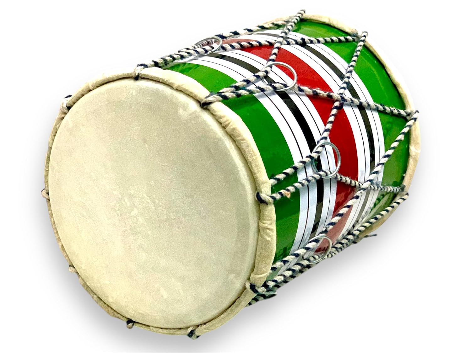 Indian Handmade Rope & Ring Baby Dholak 8 Inches - Red, Green, White | Perfectly Symmetric Round Dholak - Dholak For Festival, Wedding, Satsang | Very Easy To Tune