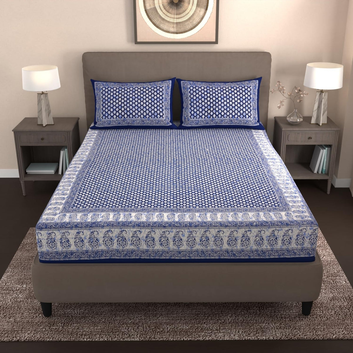 Handloom Printed Double Bedsheet For Queen Size With 2 Matching Pillow Cover | Size 90 X 100 Inches, Blue - Cotton Bedsheets For Double Bed | Soft & Smooth