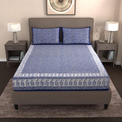 Handloom Printed Double Bedsheet For Queen Size With 2 Matching Pillow Cover | Size 90 X 100 Inches, Blue - Cotton Bedsheets For Double Bed | Soft & Smooth
