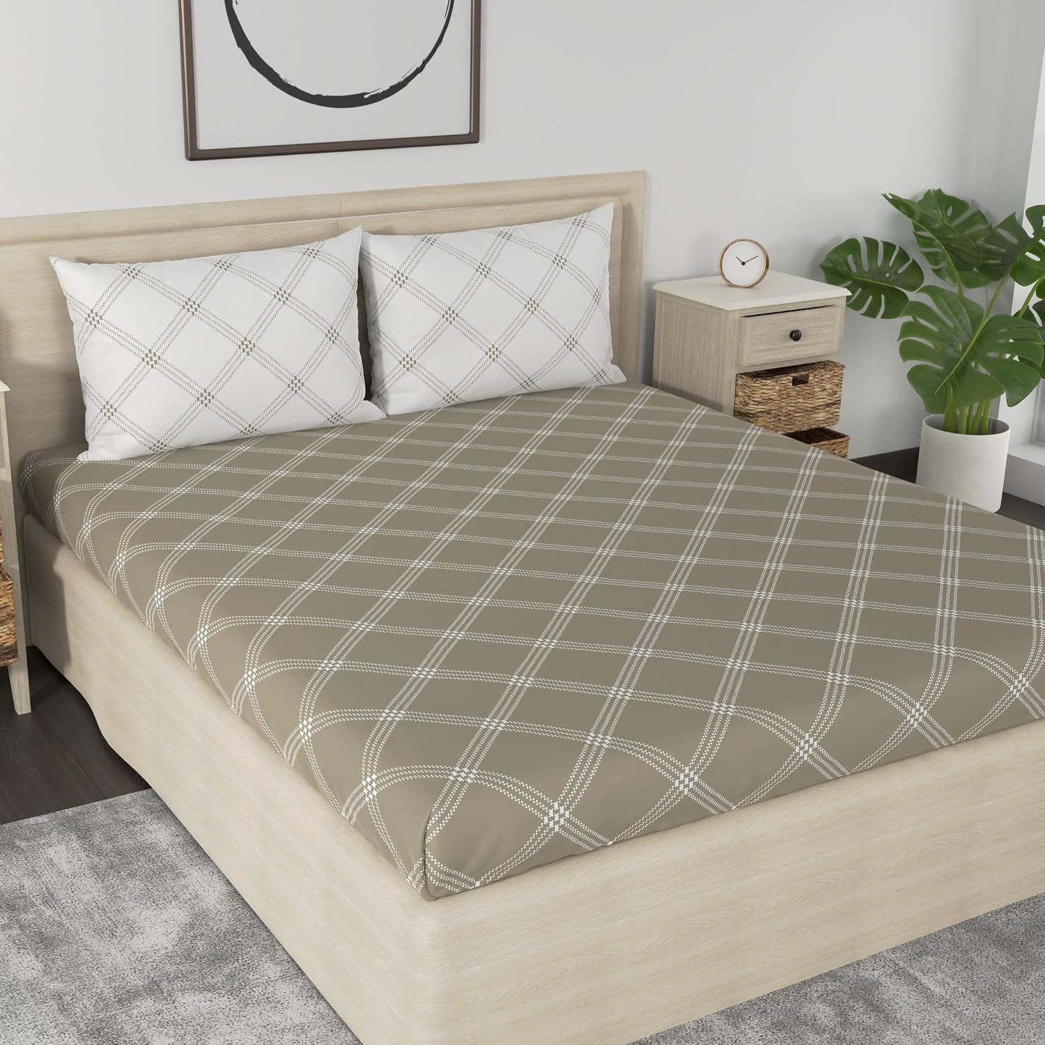 Premium Cotton Bedsheet For Double Bed King Size With 2 Pillow Covers - (108 X 108 Inches) Brandon Beige & White | Ideal For All Season Comfortable Bedsheet