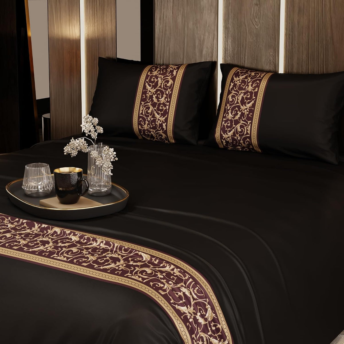 Bedsheet For Super King Size Bed With 2 Matching Pillow Cover - 108 X 108 Inches, Black & Gold | Ideal For Healthy Skin & Hair | 100% Premium Fabric Is Lightweight, Soft & Comfortable
