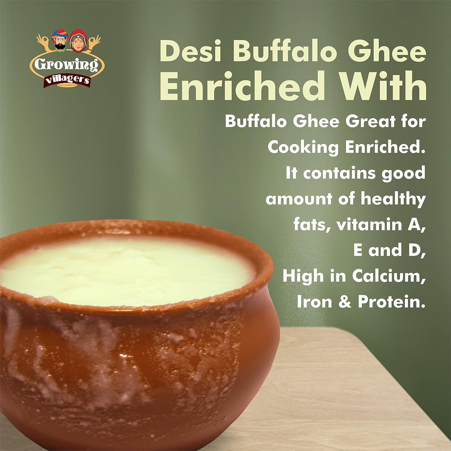 Organic Pure A2 Buffalo Ghee By Growing Villagers | Good Source Of Energy Healthy & Nutrients Desi Ghee Improves Digestion | 1 Litre (500ml * 2) 33.8 Ounce | Jar Pack
