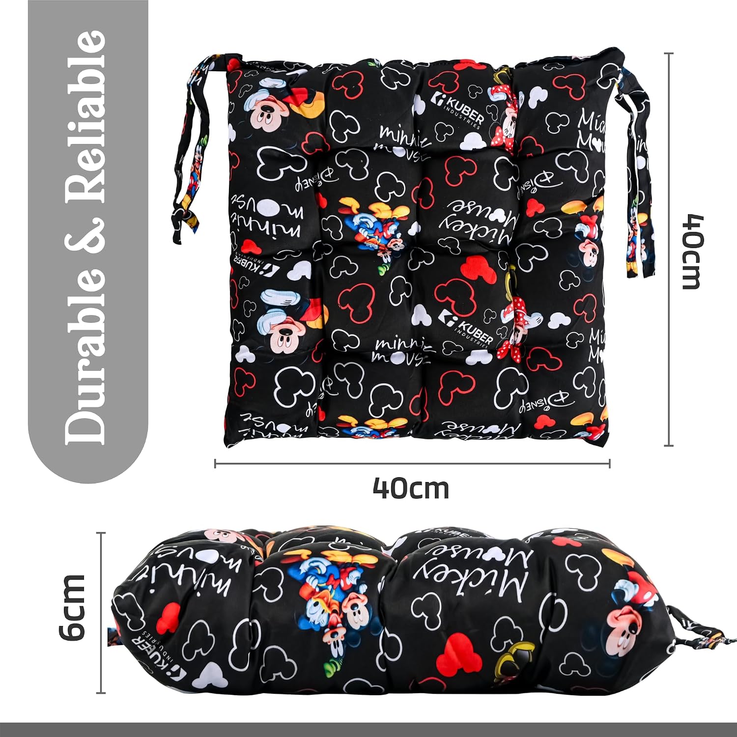 Soft & Comfort Chair Cushion Pad With Ties, Sitting Pillow, Disney Print - Black | Square Shape Pillow Gaddi For Office, Study Chair, Sofa, Pooja Room | Pain Relief Seat Cushion - 6 Pcs