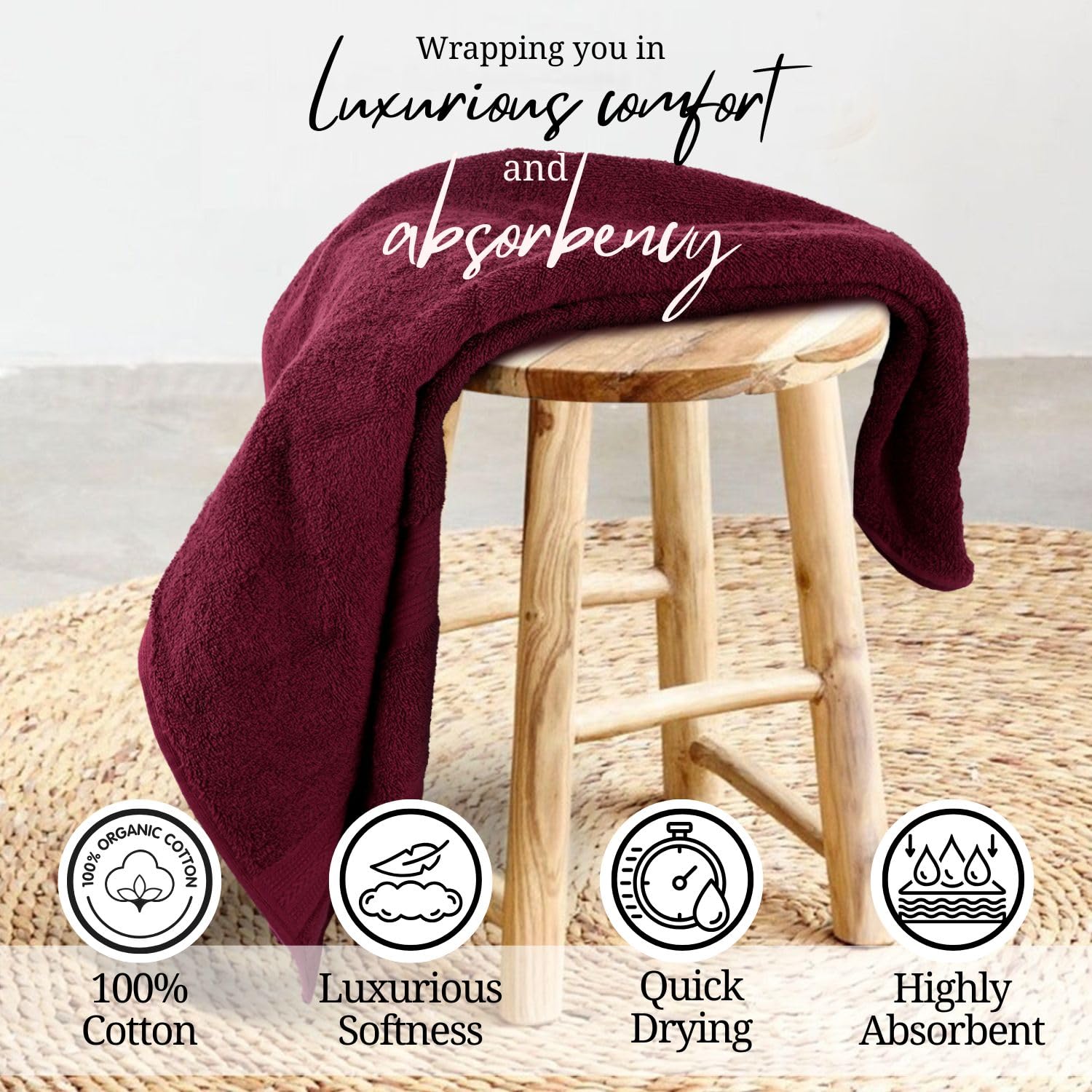 Himeya 100% Cotton Bath Towel 1400 Gsm | Bath Towel For Men & Women - Wine Red (3 Piece)