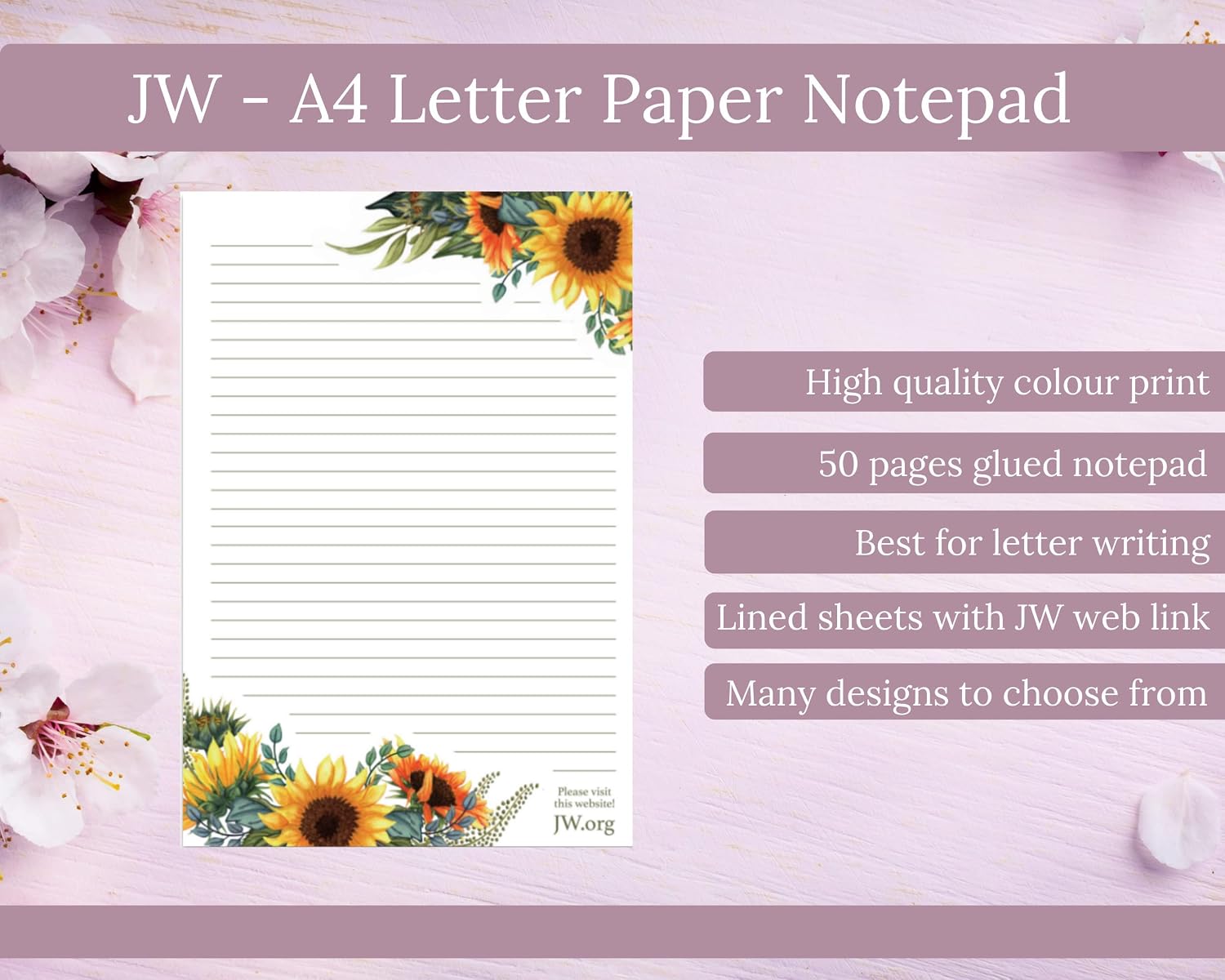 Letter Writing A4 Pad Stationery Paper Lined Gift Notepad Writing (Big Sunflowers) 50 Sheets