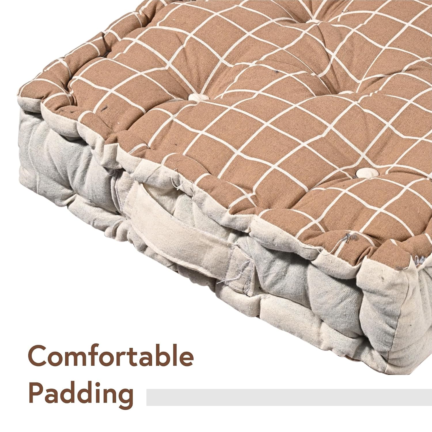 Cotton Chair Cushions Pillow For Sitting, Back Rest, Check Print - Brown | Chair Pad For Office Work & Posture Support | Lightweight & Portable, Durable & Long Lasting - Pack Of 3