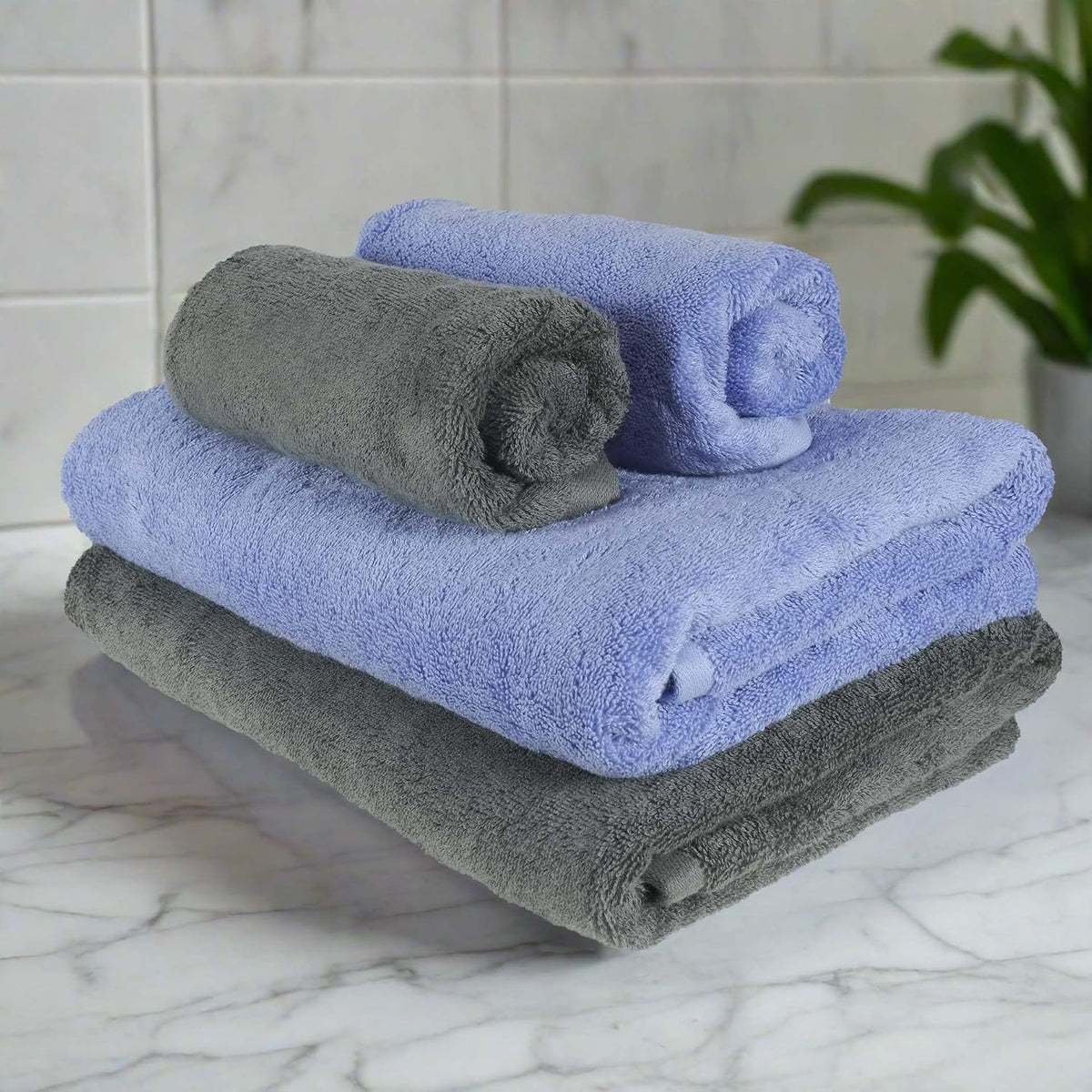 Heelium Bamboo Towel 2 Bath & 2 Hand Towel 1400 Gsm | Soft, High Absorbency & Antibacterial Towels (Iris, Grey) - Pack Of 4