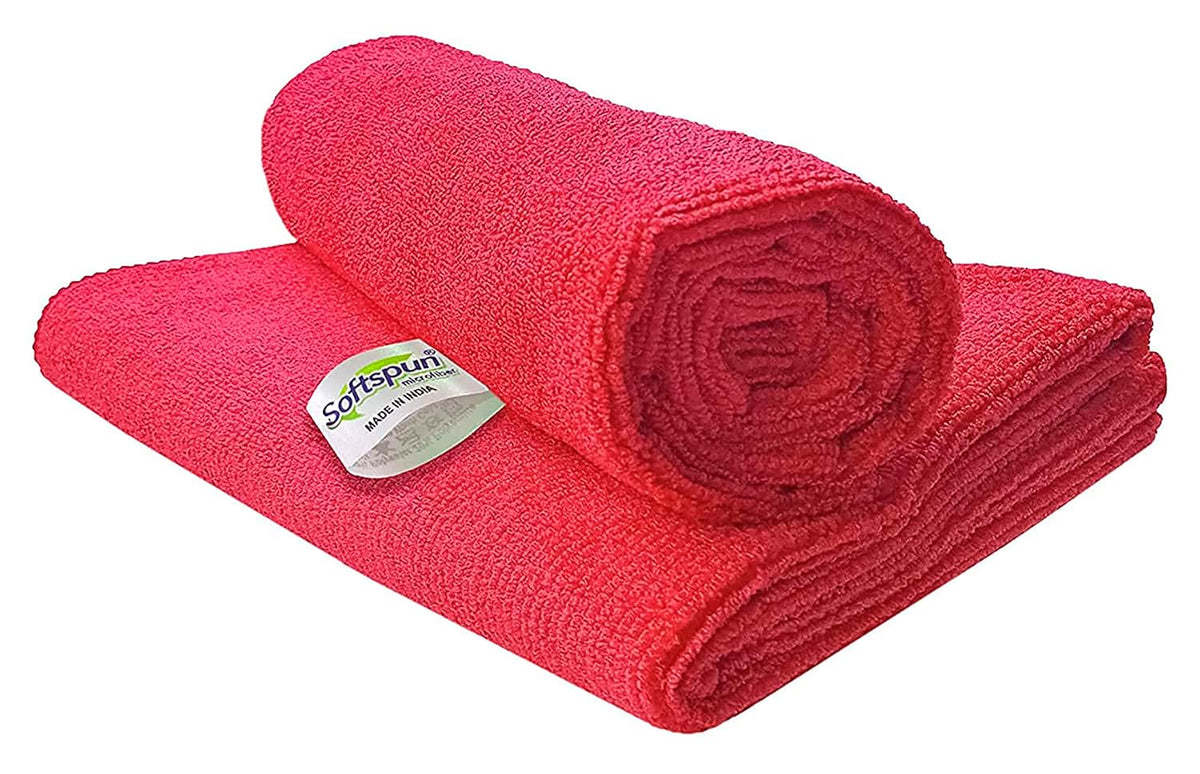 Softspun Microfiber Cleaning Cloths Towel Set 340 Gsm | Highly Absorbent Lint And Streak Free Multi-Purpose Wash Cloth For Kitchen, Car, Stainless (2 Pcs)- Red