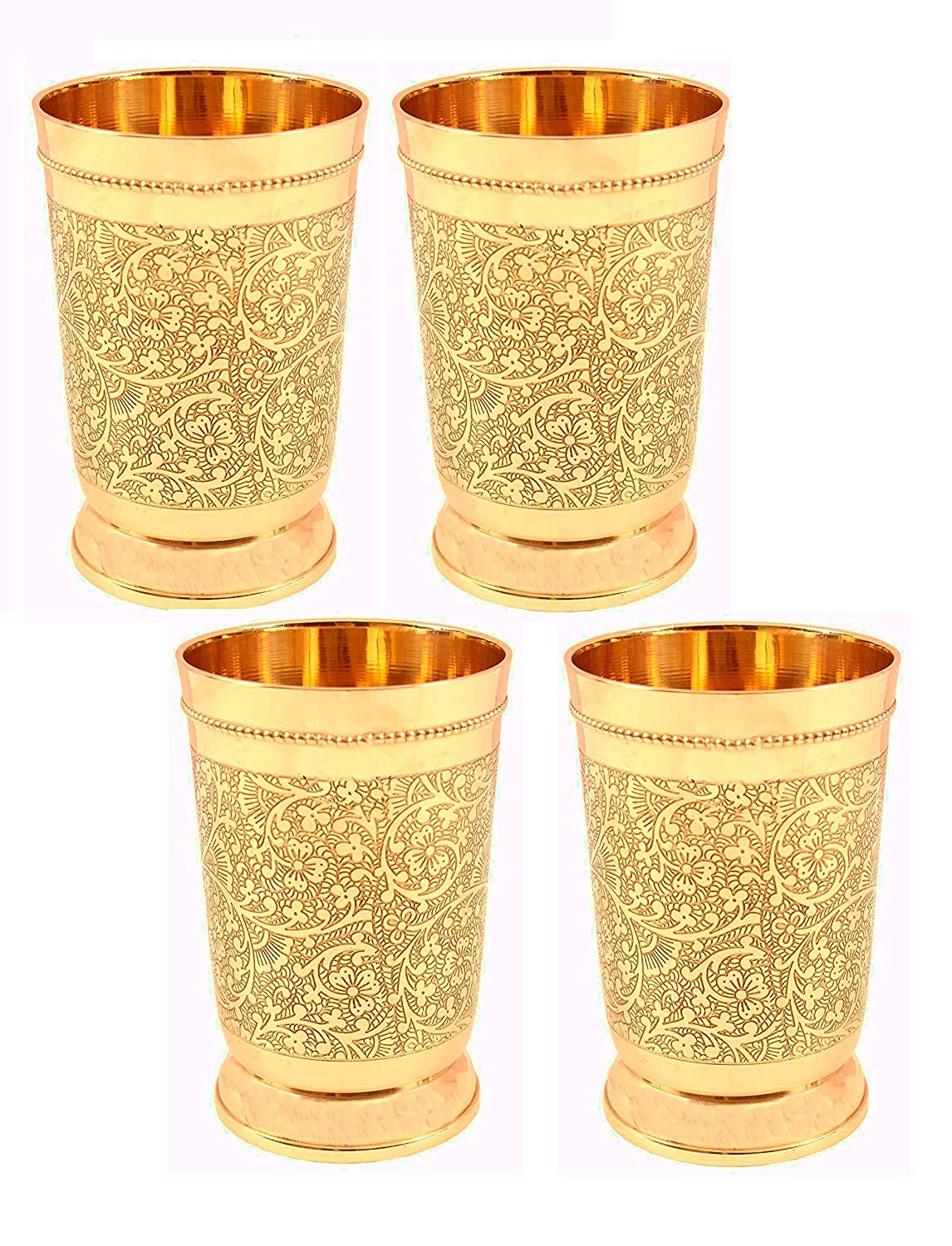 Pure Yellow Brass Luxury Water Glass Set Of 6 - 300ml Capacity Each Glass | Beautiful Floral Pattern - Pital Water Glass