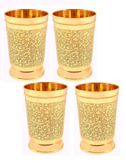 Pure Yellow Brass Luxury Water Glass Set Of 6 - 300ml Capacity Each Glass | Beautiful Floral Pattern - Pital Water Glass