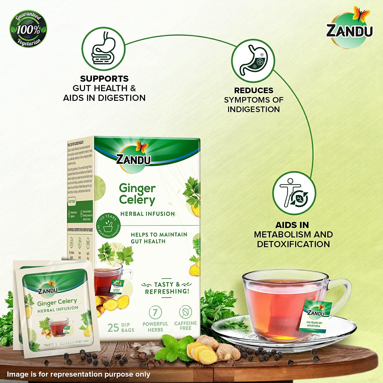 Zandu Ginger Celery Herbal Infusion Green Tea - 25 Tea Bags | Maintains Gut Health - Aids In Metabolism & Detoxification | Enriched With 7 Powerful Herbs - Caffeine Free