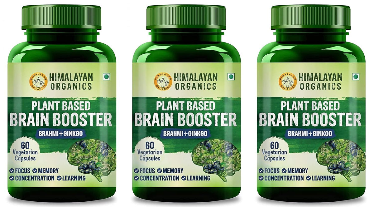 Himalayan Organics Plant Based Brain Booster Supplement With Ginkgo Biloba & Brahmi, Healthy Brain, Stress Relief, Improve Focus | 60 Veg Capsules 100gm 0.2lbs Each Pack Of 3