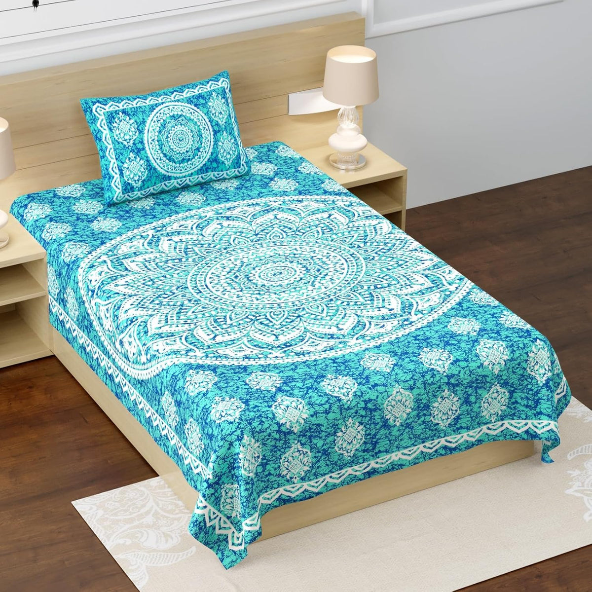 100% Cotton Single Bed Sheet With 1 Pillow Cover - 56 X 86 Inches, Blue & White | Super Soft Microfiber, Breathable Wrinkle, Fade Resistant