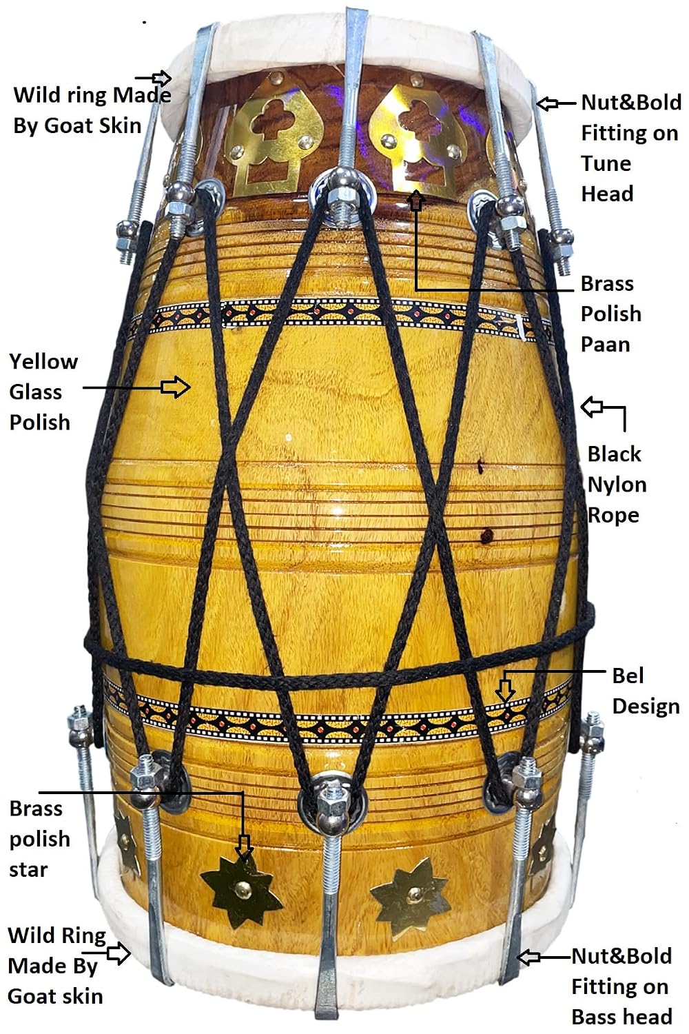 Handmade Bhajan Kirtan Sheesham Wood Dholak With Yellow Glassy Glass Transparent Polish - Yellow | Goat Skin Made Ring Fitting By Nut & Bold On Both Side
