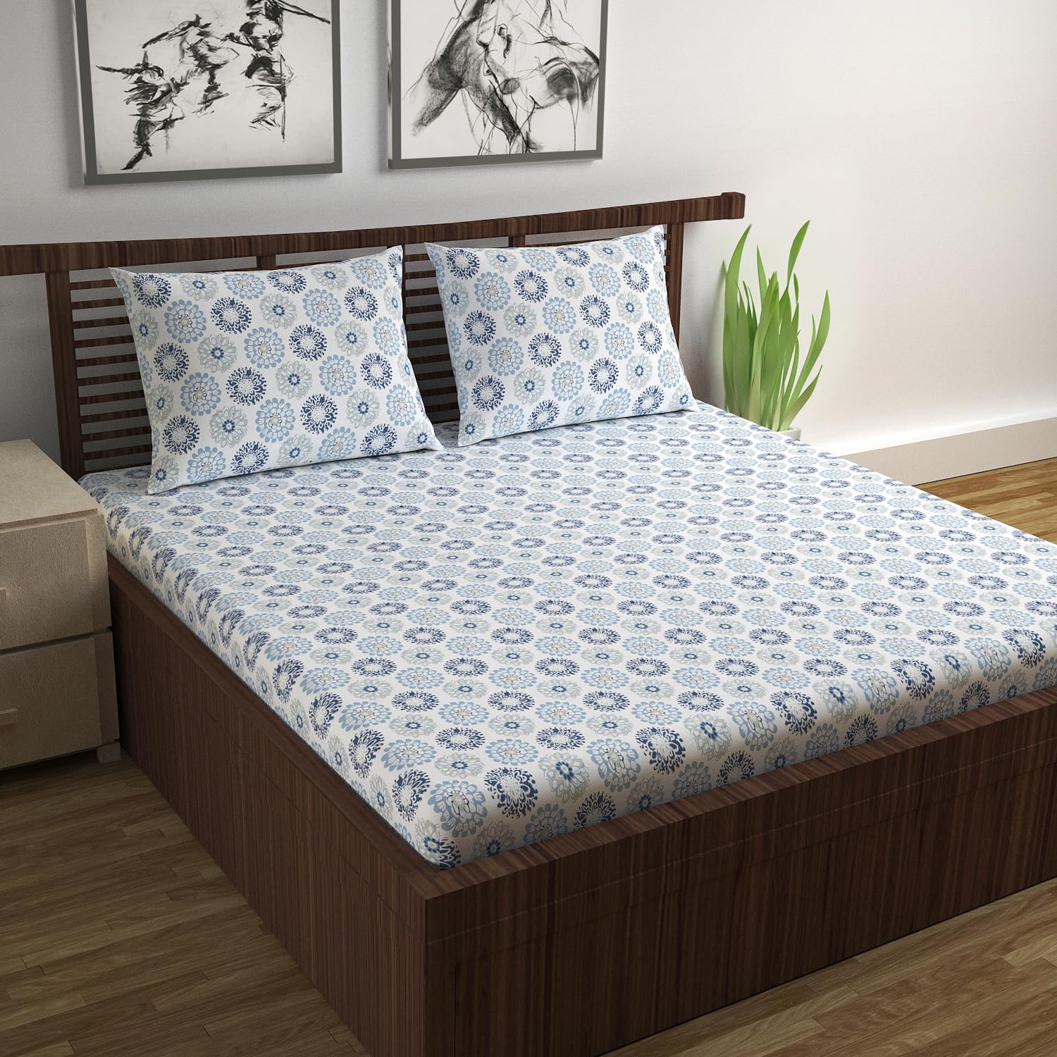 Super Soft 100% Cotton Bedsheet For Queen Size With 2 Pillow Covers | 87 X 100 Inches, White & Blue - Perfect For Home Decor & Gifts | 144 Thread Count