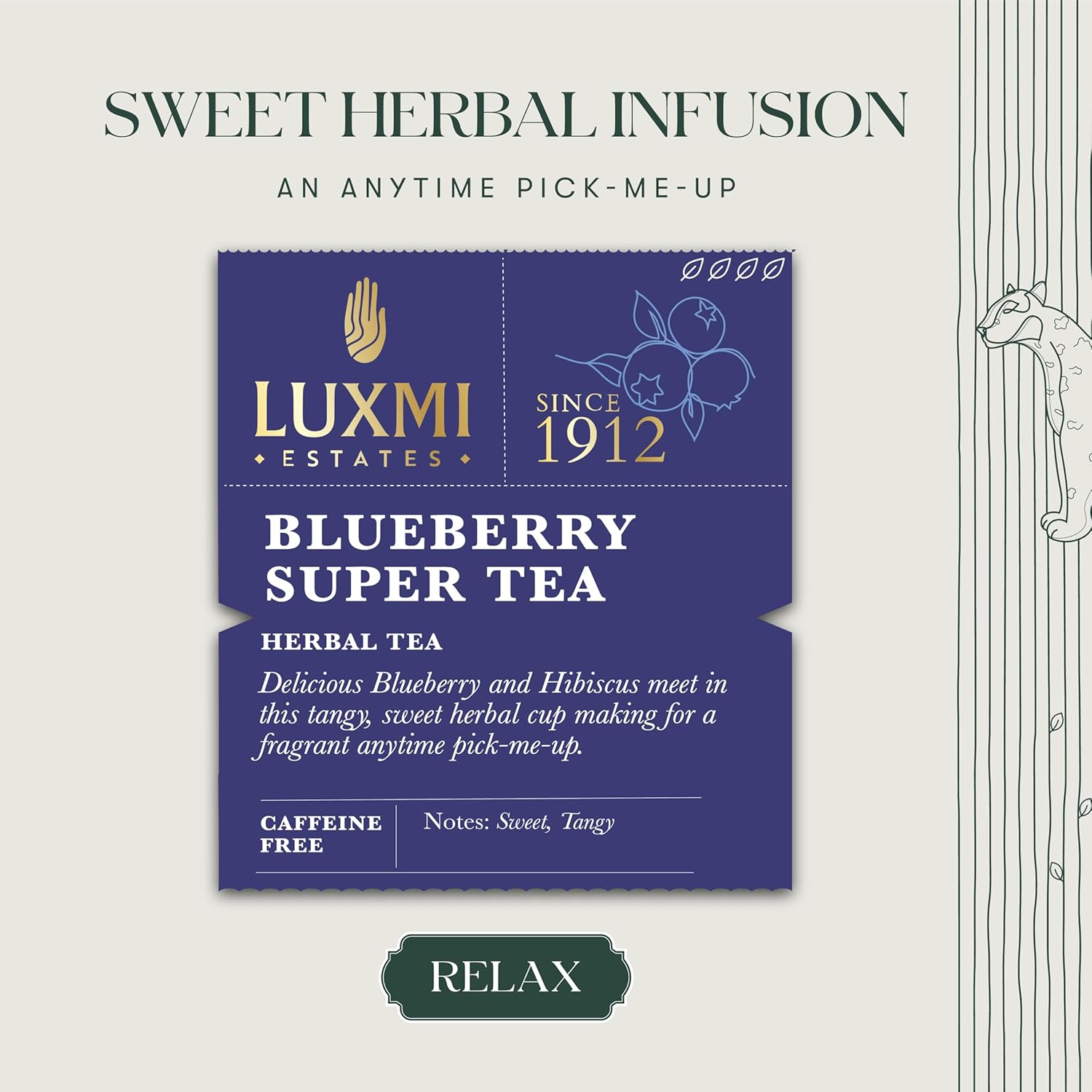 Luxmi Estates Blueberry Super Tea - 100gm Tin Caddy, 3.5 Ounce, 50 Cups | Certified Organic Herbal Tea - 100% Biodegradable & Plastic Free | Caffeine Free, Natural, Additives Free Herbal Tea