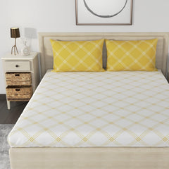 Premium Elastic Bedsheets For King Size Bed Cotton With 2 Pillow Covers | 72 X 78 Inches, White & Yellow | Durable & Gentle On Your Skin