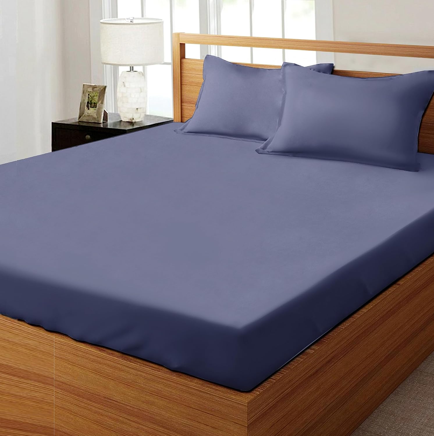 Premium Elastic Fitted Solid Bedsheets For King Size Double Bed (72x78x8 Inch, Navy Blue) With 2 Pillow Covers | Super Soft Brushed Satin Bedsheet, Breathable & Wrinkle Free