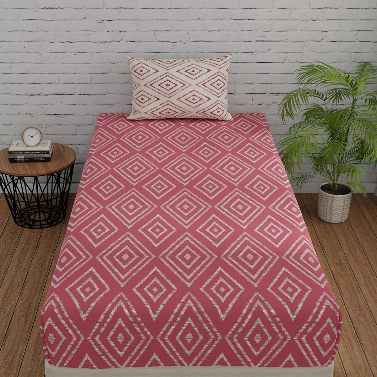 144 TC Single Bedsheet Elastic Fitted Pure Cotton With 1 Pillow Cover - 36 X 78 Inches, Peach Pink & White | Breathable & Wrinkle Free Bedsheet