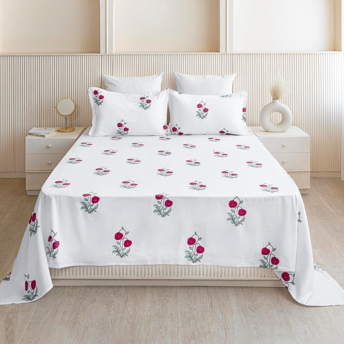 Printed Flat Double Bedsheet With 2 Pillow Covers - 84 X 90 Inches, White & Red | Soft Breathable & Wrinkle Free | 210 Thread Count