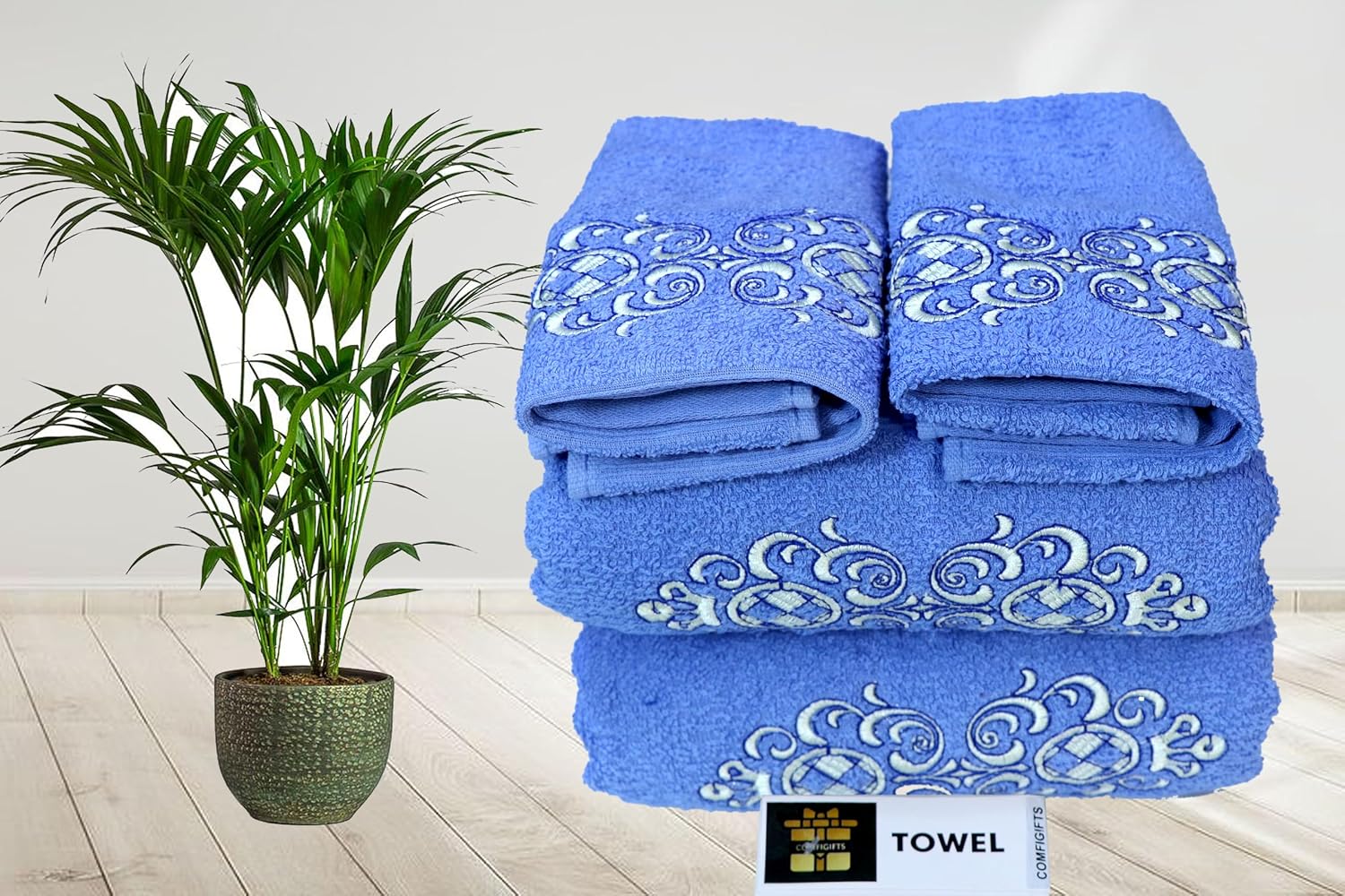 Comfigifts 100% Cotton 2 Bath & 2 Hand Towels 1400 Gsm | Soft, Absorbent, Lightweight Towels With Computerized Embroidery (Light Blue D2)