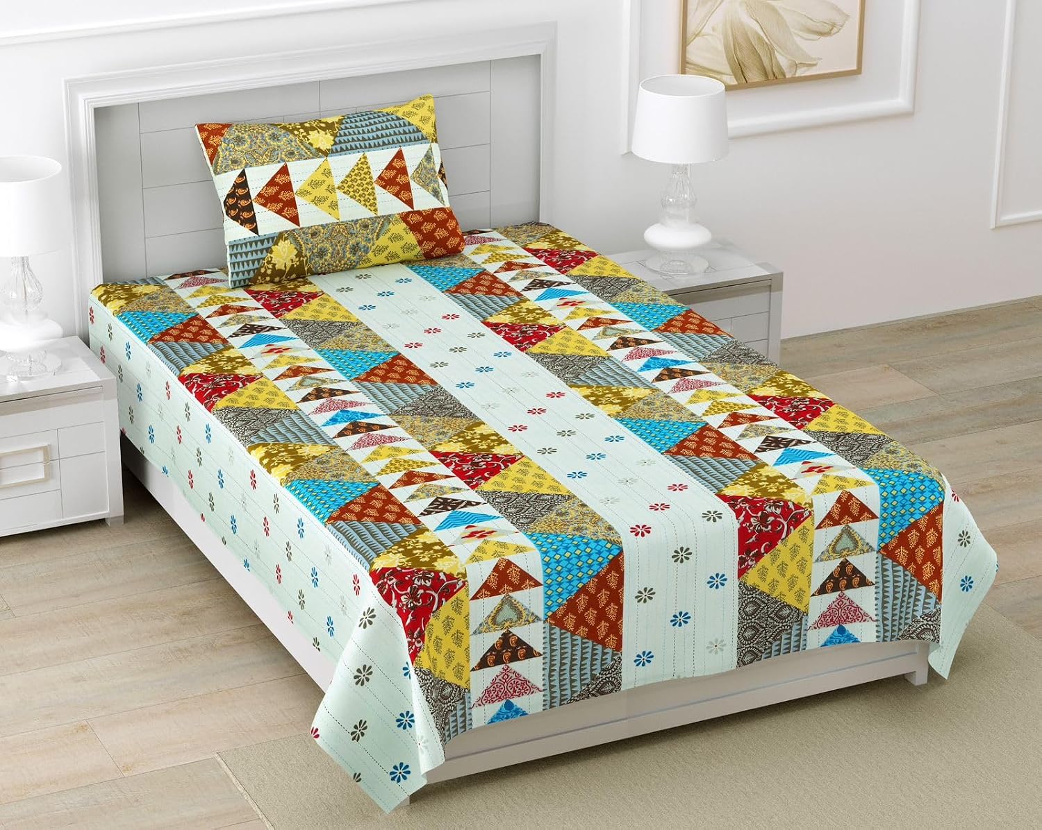 Single Bedsheet Cotton With 1 Pillow Cover, 60 X 90 Inches, Multicolor | Traditional Barmeri Design Printed - Stylish & Comfortable Bedsheets