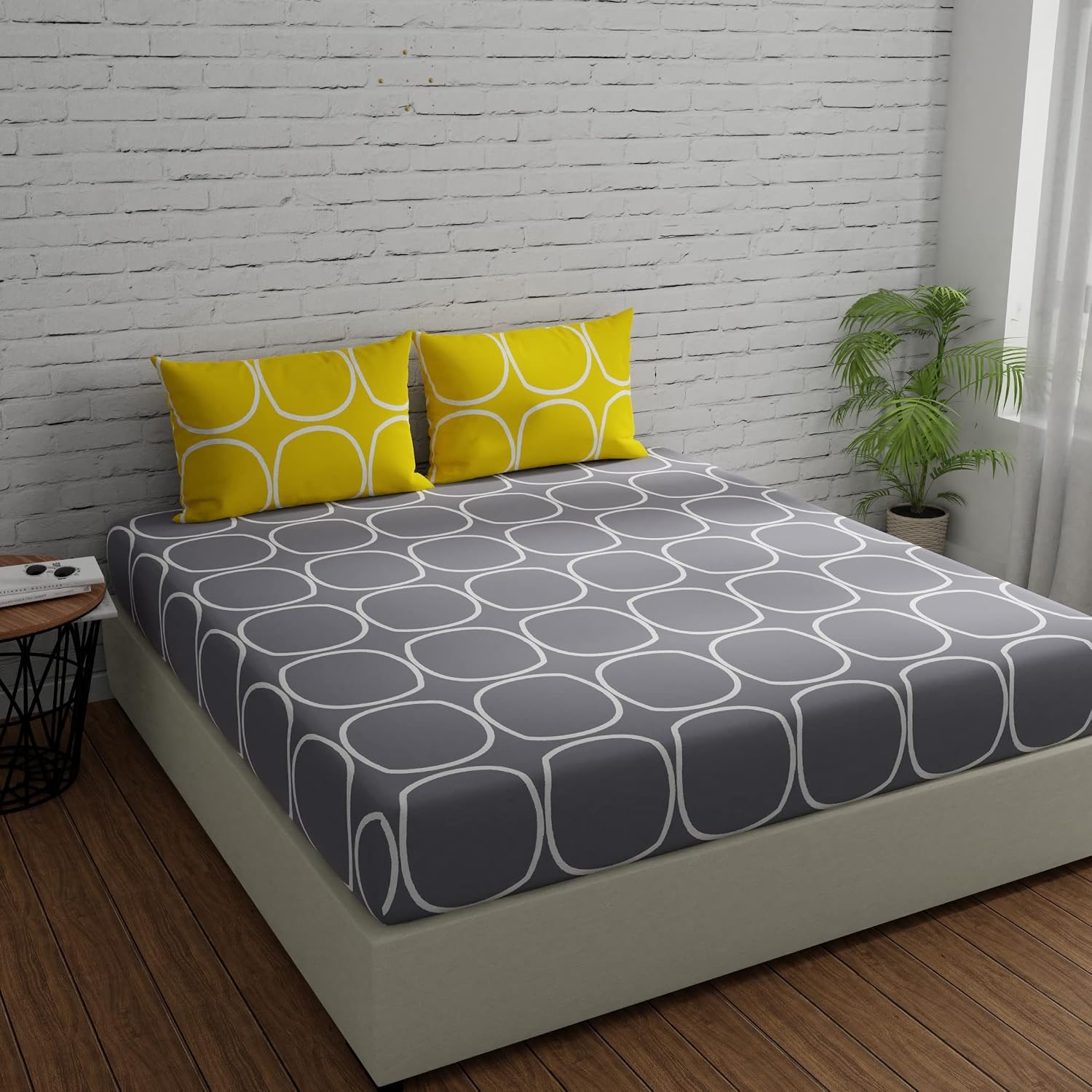 Cotton Double Bedsheet For Queen Size With 2 Pillow Covers - 88 X 96 Inches, Grey & Yellow | Good For Guest Houses, & Daily Home Use