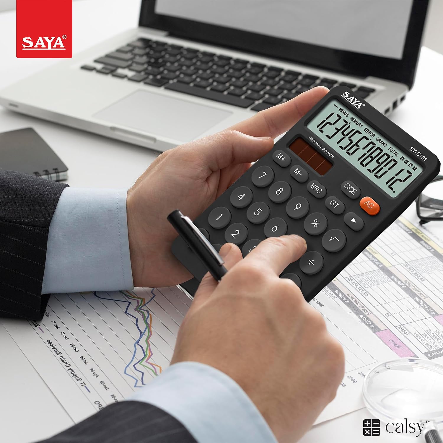 Saya 12-digit Desktop Calculator | Dual Power: Solar & Battery | Ergonomic Comfort Design | Large Display | Ideal For Office & School Use | 3-year Warranty | Reliable & Durable - Black.
