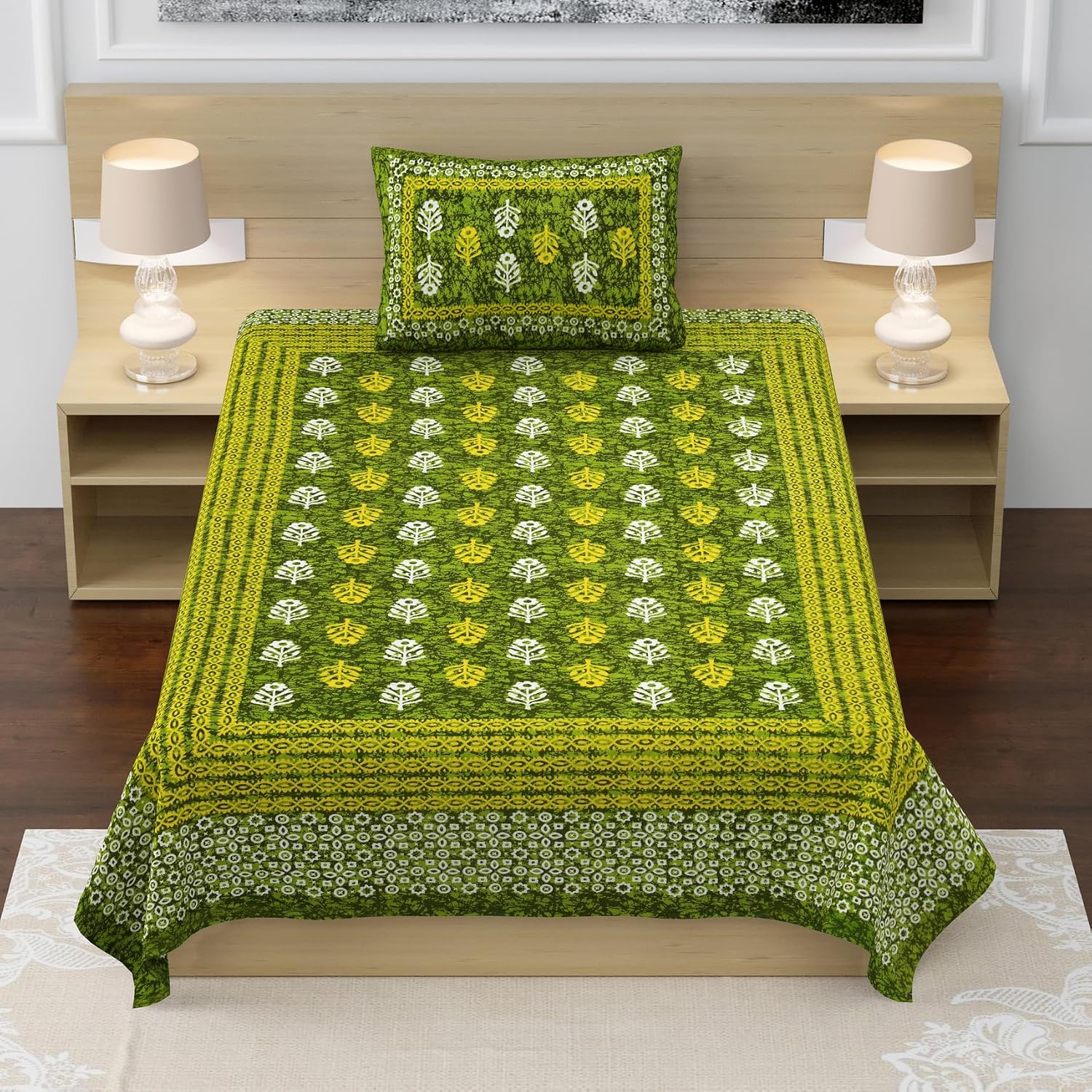 100% Cotton Single Bed Sheet With 1 Pillow Cover - 56 X 86 Inches, Green & White | Super Soft Microfiber, Breathable Wrinkle, Fade Resistant