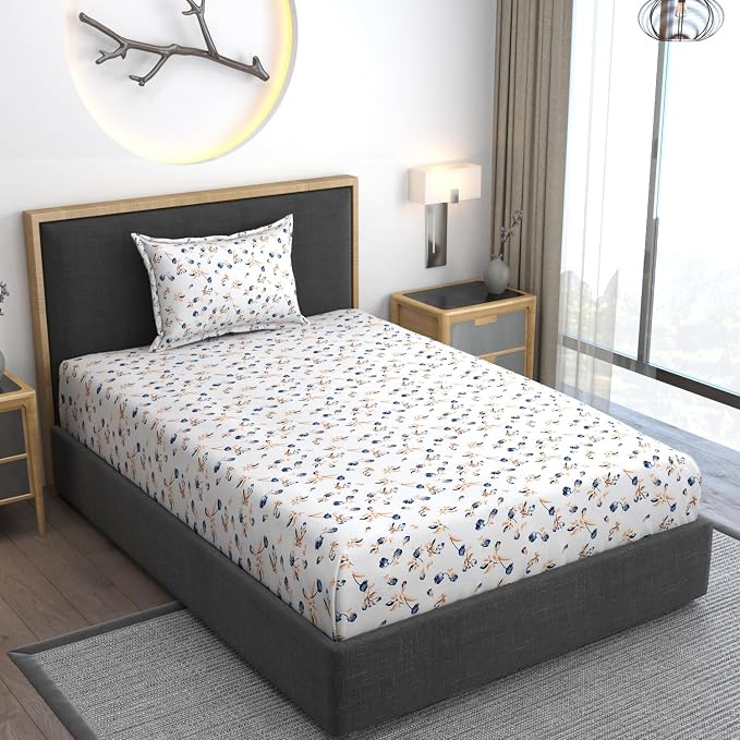 Premium Cotton Bedsheets Elastic Fitted With 1 Pillow Covers - Single Bedsheet Size 28x18 Inches, Blue Lily | Single Mattress Bed With All Around Elastic 350 TC Super soft