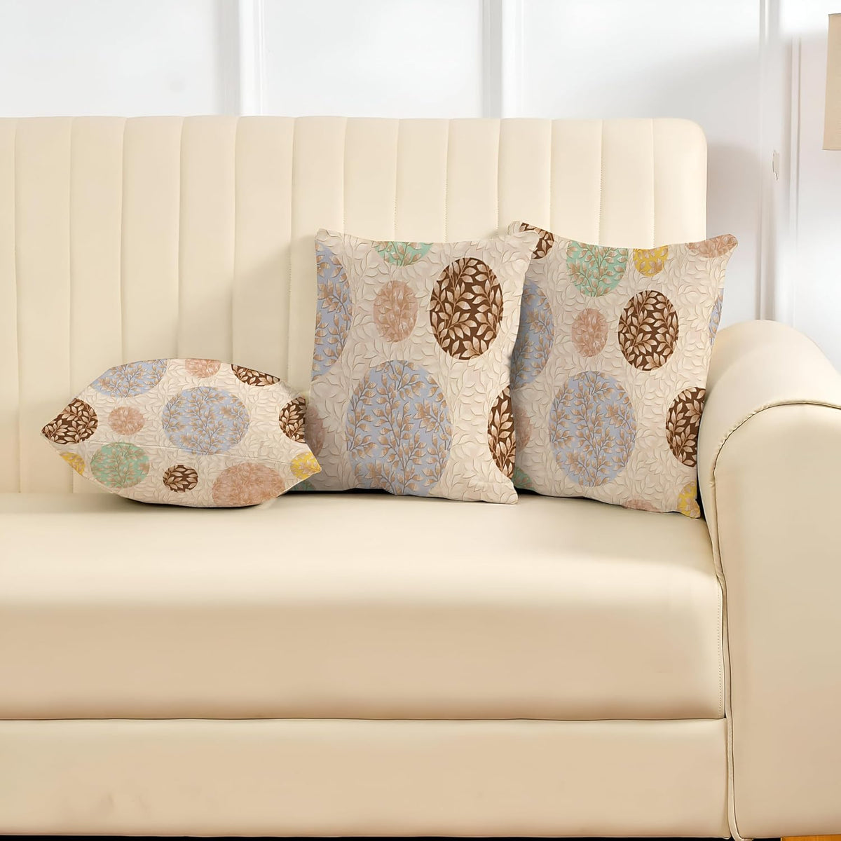 Microfiber Square Pillow Cushion For Sofa & Bed, Multi Circle - 12 X 12 Inch | Fluffy For Comfort & Back Support | Breathable, Premium Cotton Cushion Cover With Zip, Neck Support - Set Of 3