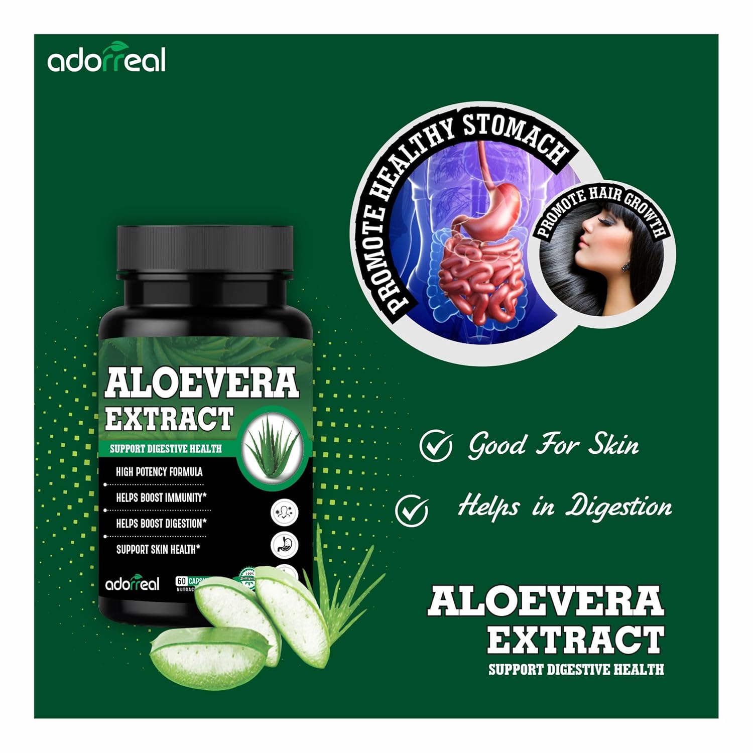 Adorreal Aloevera Extract Capsules, Weight Management, Boosts Digestion, Skin Health Support, Antioxidant Properties, Immunity Booster | 60 Capsules, 100gm 0.2lbs