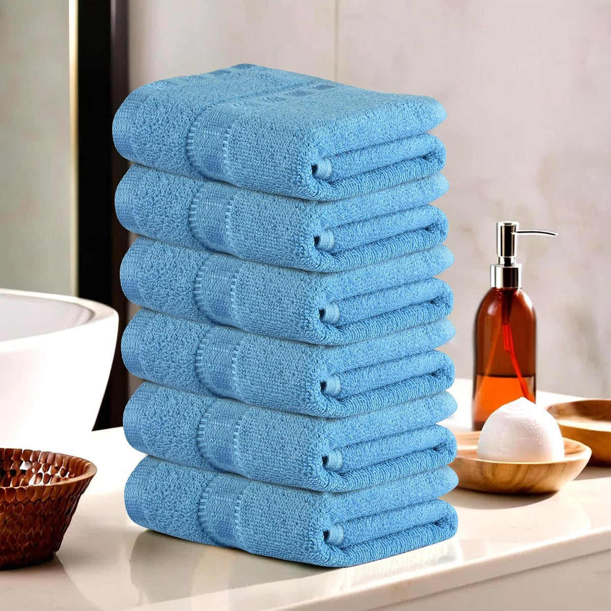 Kuber Industries Cotton Hand & Face Towels 200 Gsm | Easily Washable Workout Gym Napkins For Men & Women | Pocket Towel - Sky Blue (Pack Of 6)