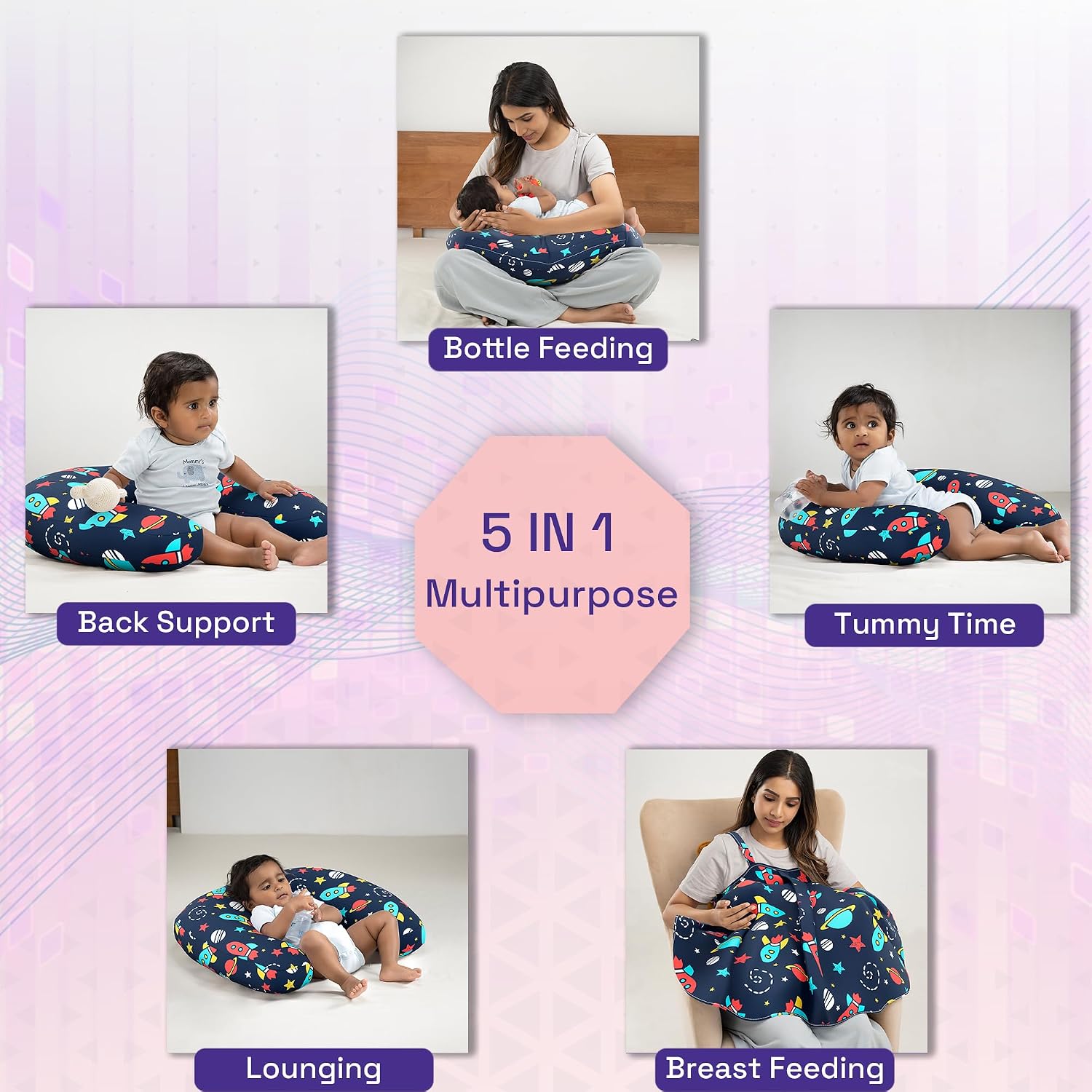 Nursing Pillow With Cape For Breastfeeding & Baby Care, Feeding Pillow - Black | 100% Cotton Removable Cover | Super Soft & Machine Washable, Spaceship Printed, Comfortable Pillow