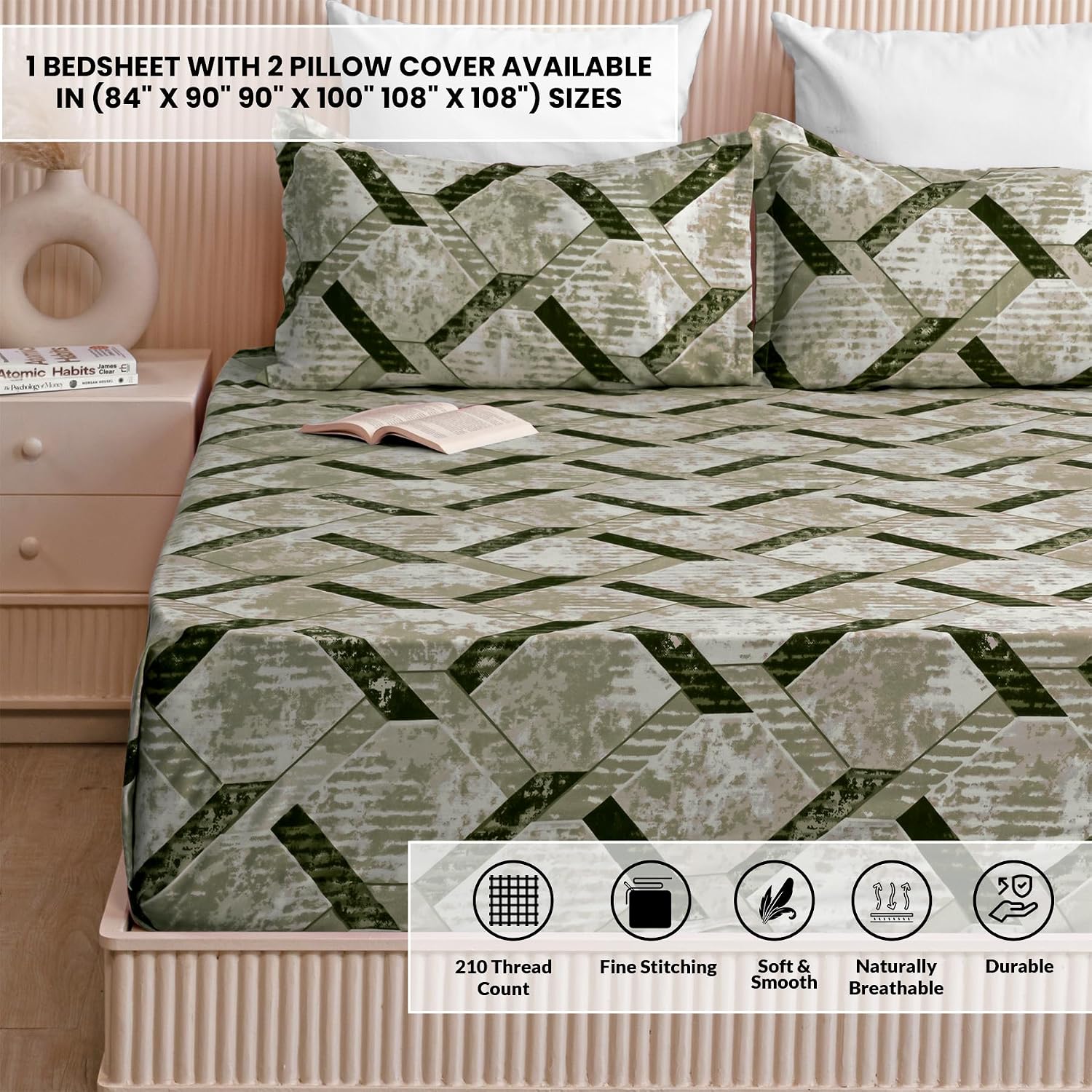 Olive Green King Size Bedsheet With 2 Pillow Covers - 108 X 108 Inches | Luxurious Printed Flat Sheets | Perfect For Home Decor & Gifting