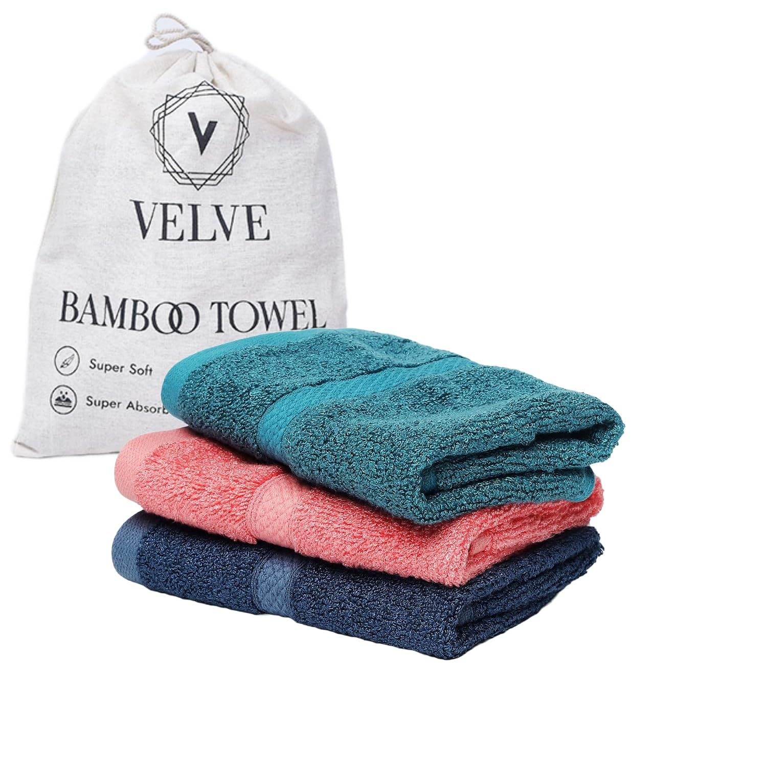 Velve 100% Bamboo Face Towel 600 Gsm | 2x Softer & Absorbent Than Cotton Towels | Skin Friendly With Non-Toxic Colors (Teal, Royal Blue & Pink)- Pack Of 3