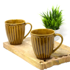 Handcrafted Rustic Tan Yellow Ceramic Coffee Mug Set Of 2 - 350ml Each | Ceramic Mugs For Coffee, Tea, Milk - Microwave Safe & Dishwasher Safe